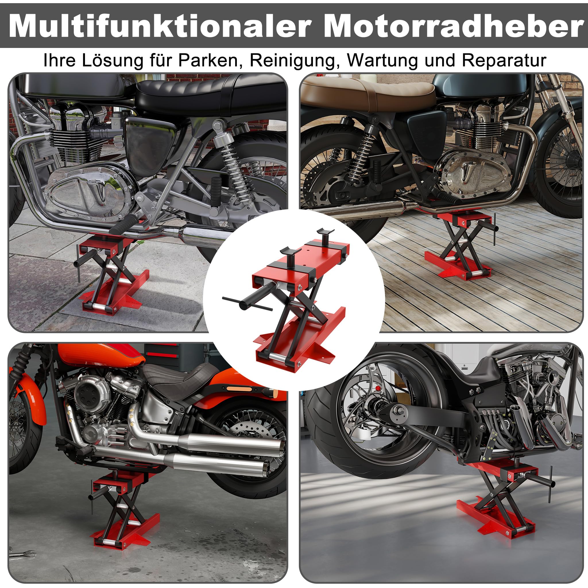 XMTECH Podnośnik do motocykli, 500 kg, podnośnik nożycowy z regulacją wysokości 95-350 mm, podnośnik motocyklowy i stojak do naprawy i konserwacji, wytrzymały i stabilny
