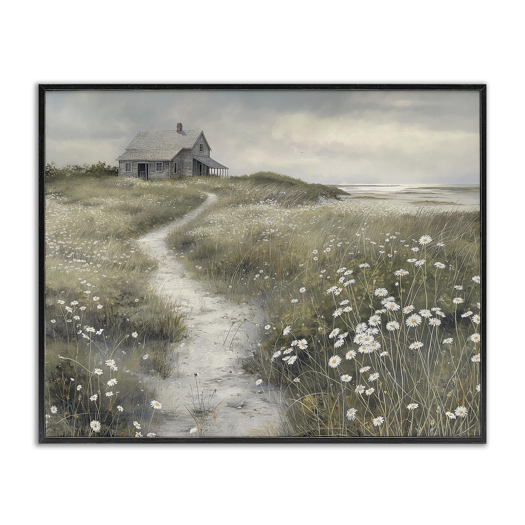 Stupell Industries Pathway To Coastal Cottage, Serene Floral Meadow Landscape, 24 x 30 Inch Framed Giclée Print, by Imagine It Images, Made in USA Gift