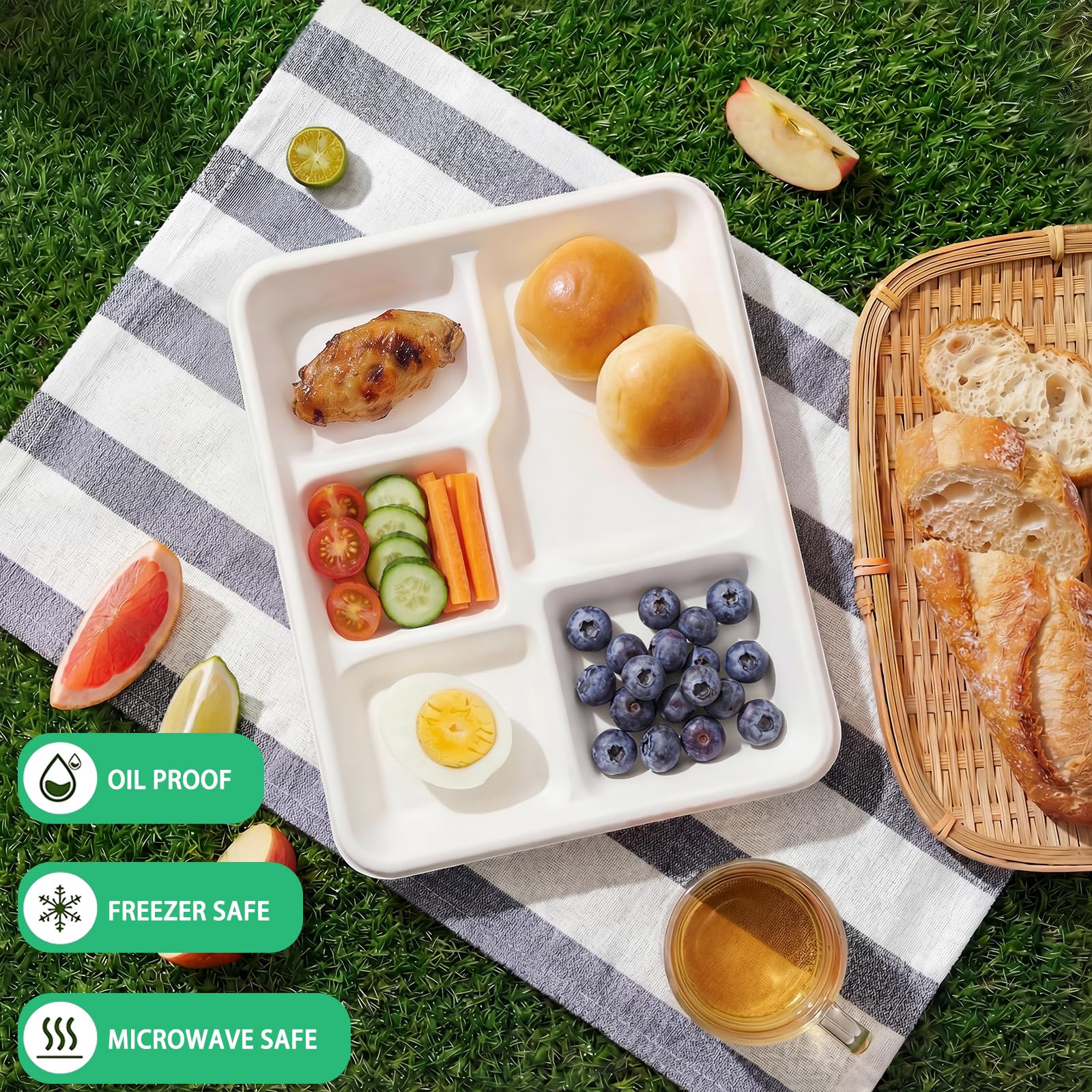 WELLIFE Lot de 125 assiettes en carton jetables compostables à 5 compartiments 26 x 21 cm - Assiettes biodégradables pour fête, dîner, buffet (blanc)