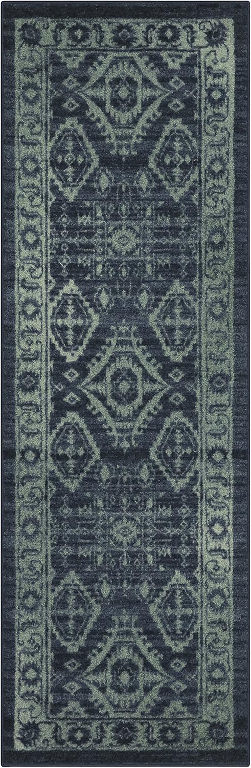 Maples Rugs Georgina Traditional Runner Rug – Made in USA – Washable, Non Slip Indoor Carpet for Hallway, Kitchen, and Laundry Room, 2' x 6', Navy Blue/Green Navy Blue/Green 2' x 6' (Rectangular)