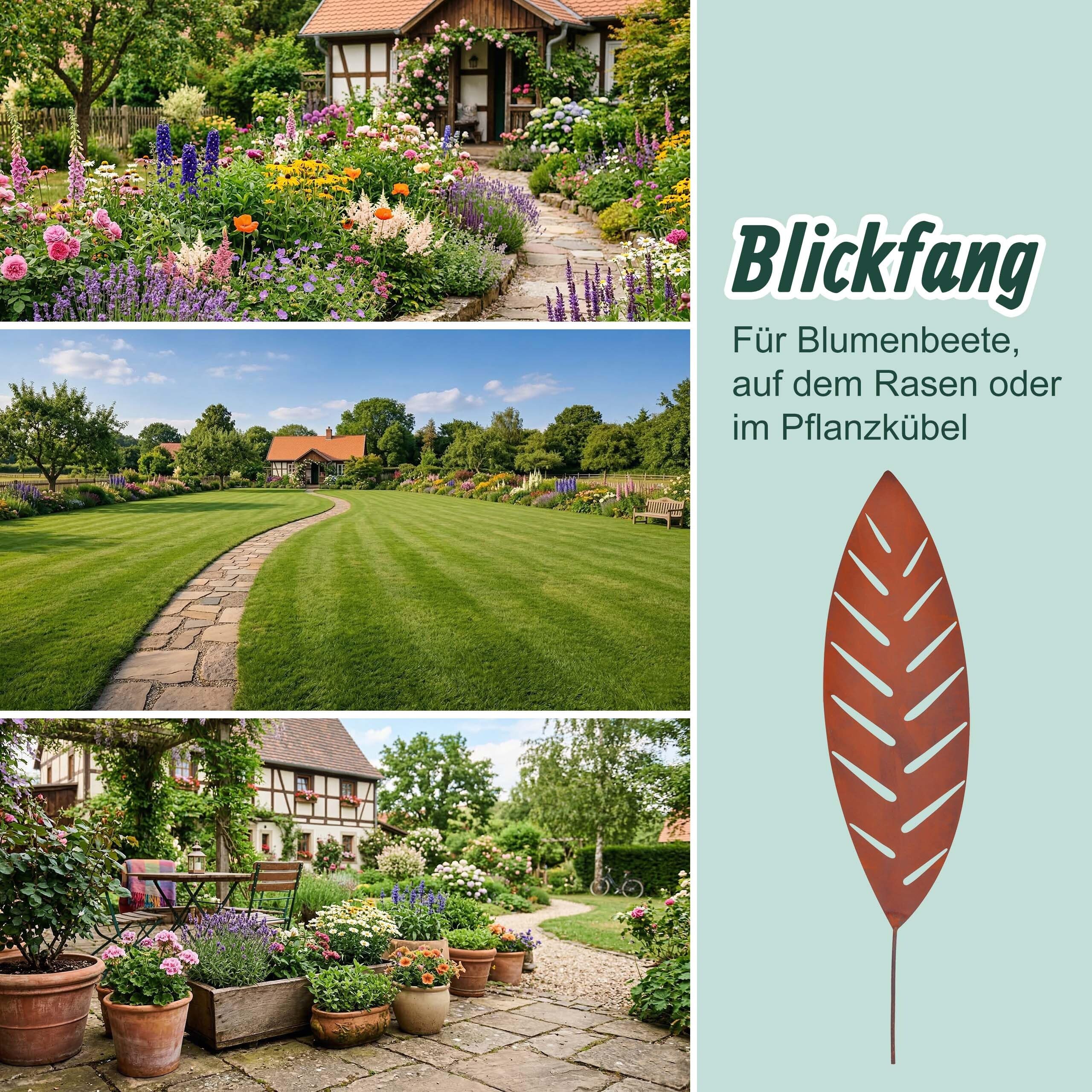 Relaxdays Gartenstecker Palmblatt, 3er Set, Rost, Metall, H: 50–100 cm, Gartendeko, Metallstecker für draußen, braun