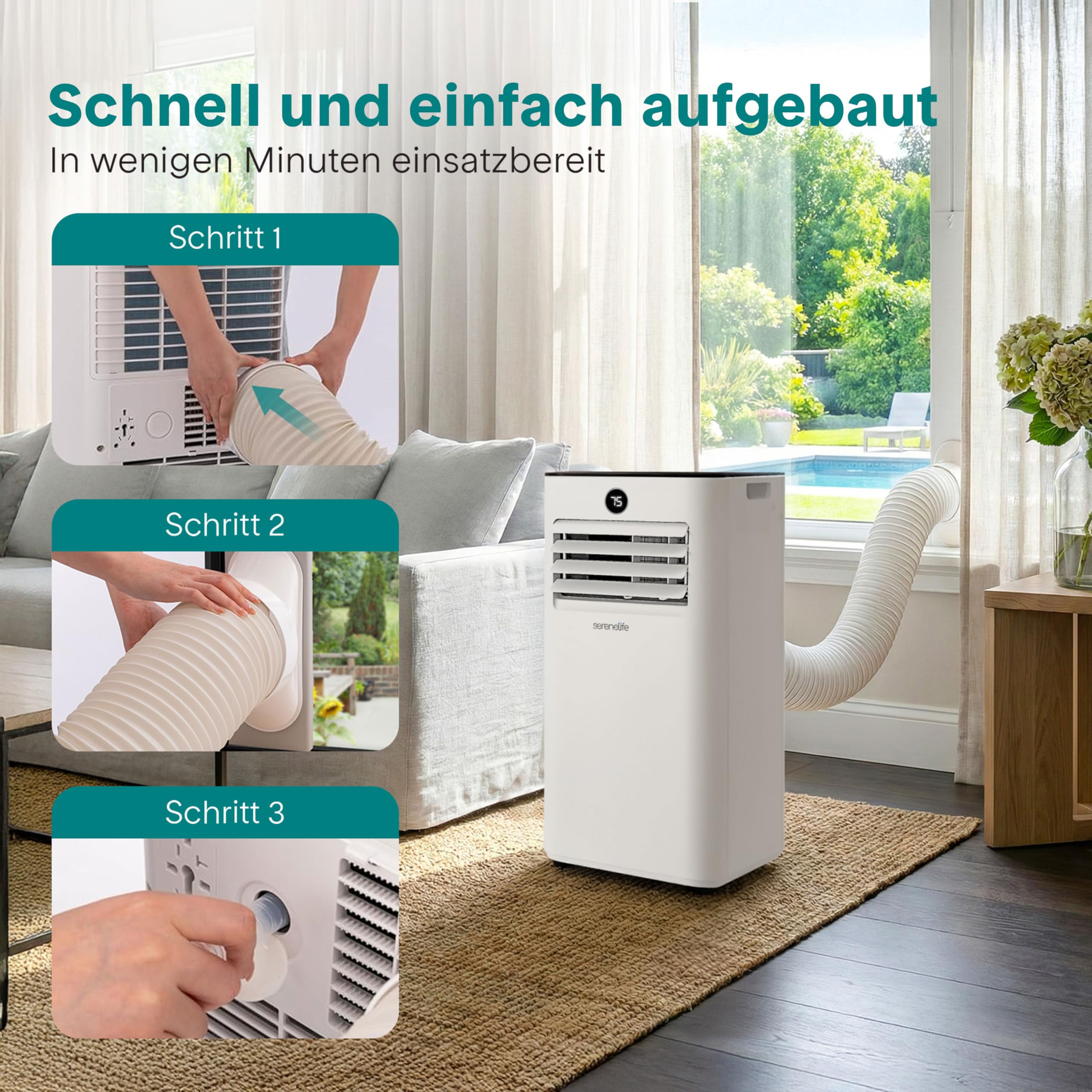 SereneLife Mobiles Klimagerät 9000 BTU 2,64 kW für 31 m² – Air Conditioner mit Abluftschlauch, 3-in-1 Entfeuchter & Ventilator, Leise 55 dB, Fensterkit, Fernbedienung, Für Zuhause, Büro