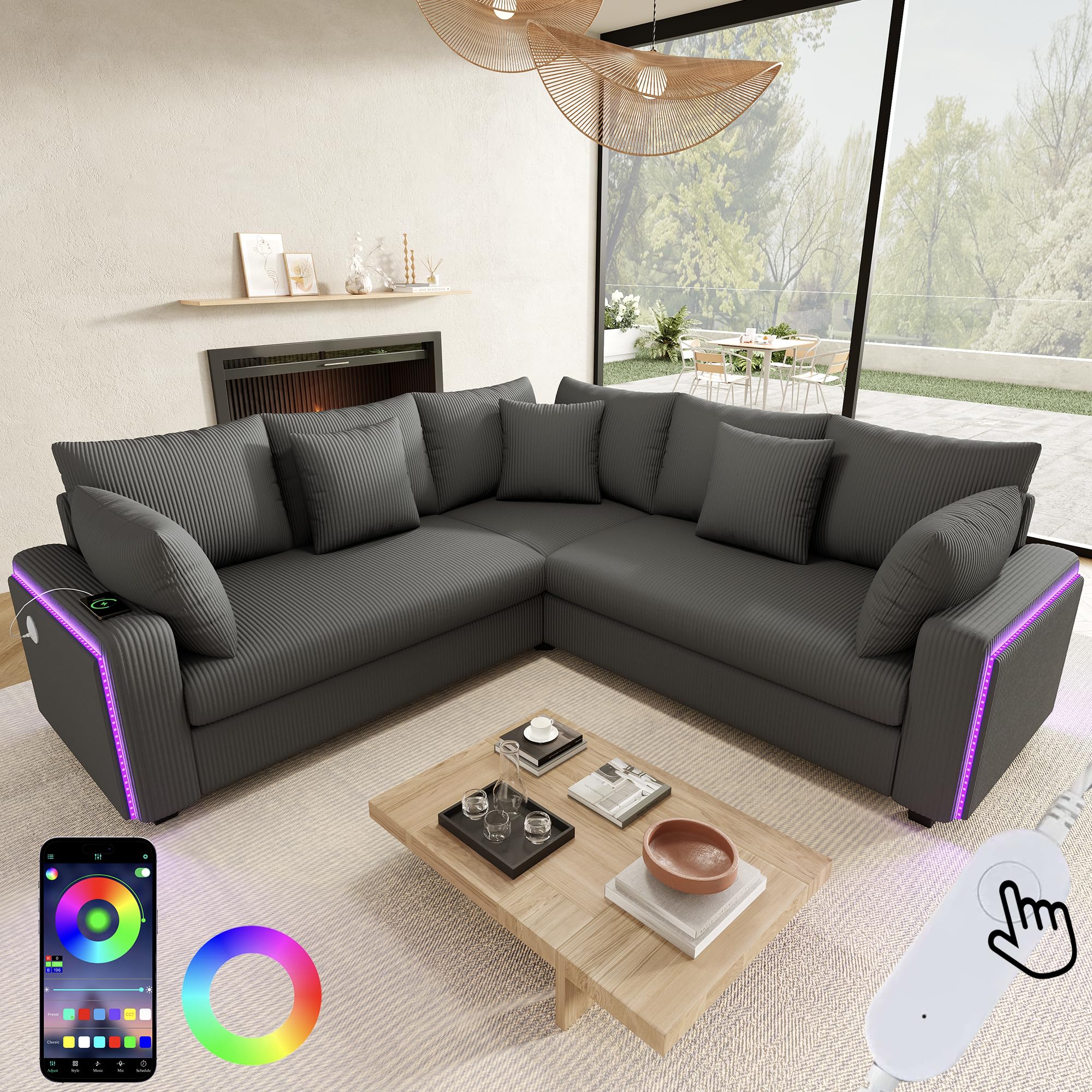Divano angolare a forma di L con illuminazione a LED, porta di ricarica USB e morbido tessuto in velluto a coste, con cuscini coordinati, divano moderno per il soggiorno (grigio scuro)