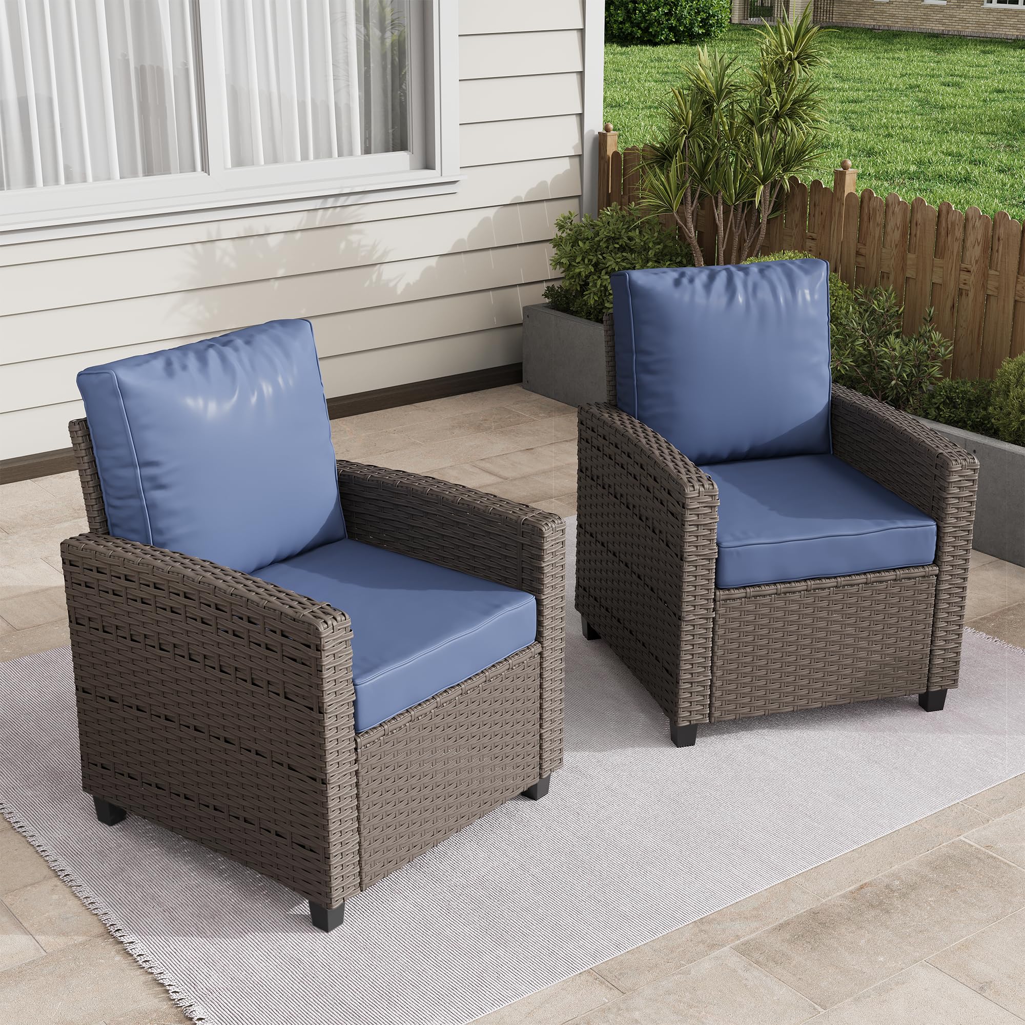 BUPPLEE 2 Pieces Patio Furniture Set, Outdoor Wicker Chairs Set of 2, All Weather High Back Rattan Chairs, Seating Club Chair Porch Chairs Set with Cushions for Balcony Porch Deck, Blue