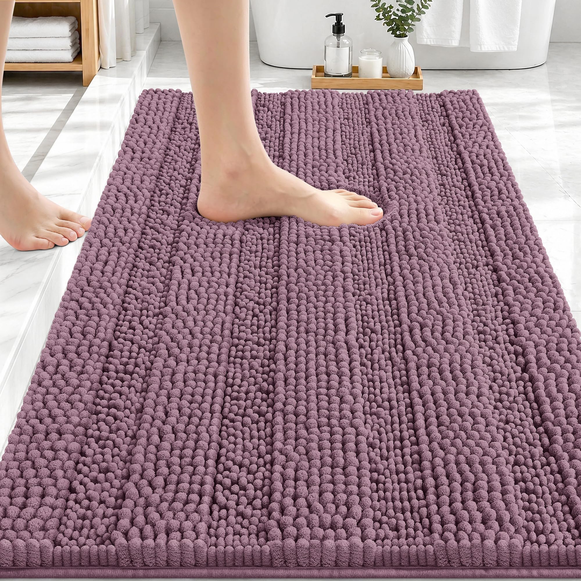 OLANLY Thick Bathroom Rugs 30x20, Chenille Striped Bath Rugs, Deep Plum