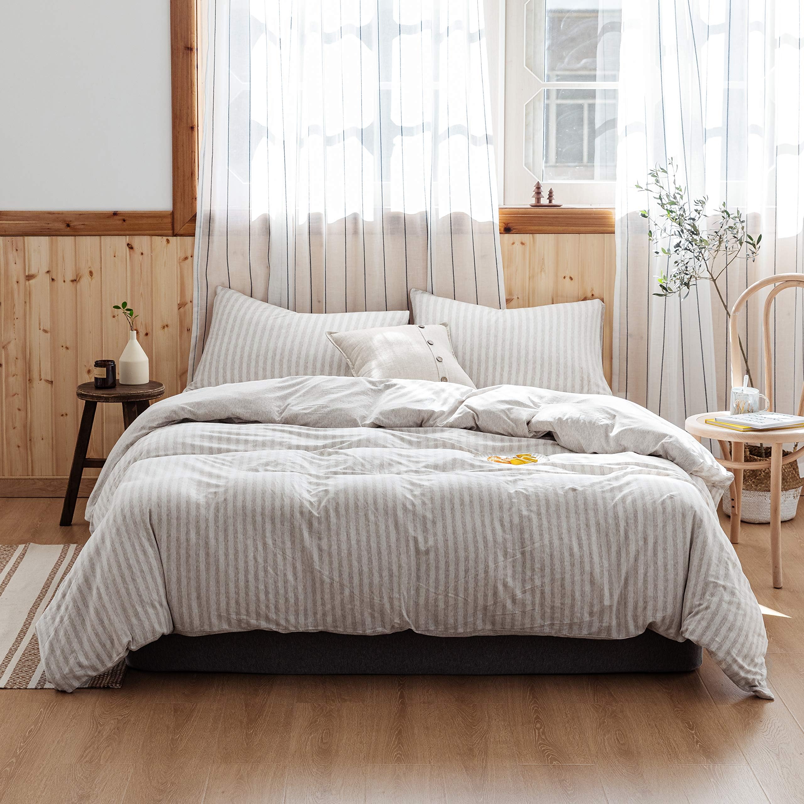 【Latest Arrival】Cream Beige Stripe Duvet Cover with Zipper Stripe Duvet Cover King 3 Pieces Stripes Comforter Cover Set Knitted Cotton Cream Beige Geometric Duvet Cover Modern Cover Set, No Comforter