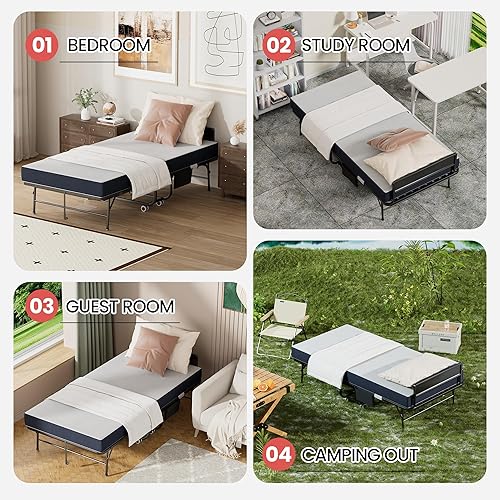 Miniatura 8 de Cama plegable con colchón para adultos, camas enrollables portátiles de 75 x 31 pulgadas con ruedas y bolsillo lateral de almacenamiento ajustable,