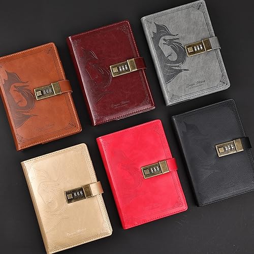 Vista 16 de Dragon - Diario de cuero, cuaderno de tapa dura, diario recargable con cerradura, diario de escritura en papel en línea/en blanco con cerradura