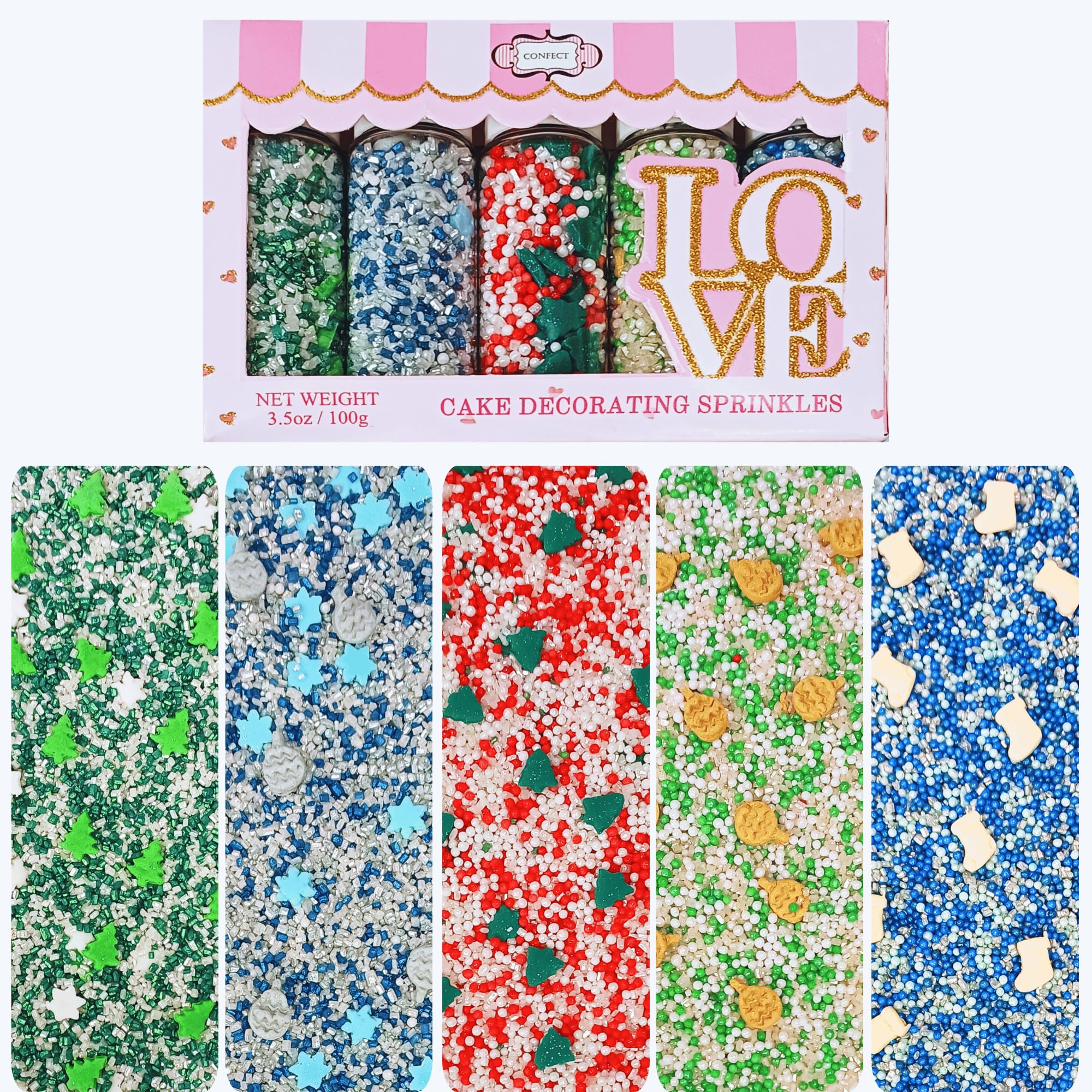 ConfectChristmas Sprinkles | Christmas Sprinkles - Green White Silver Blue Red Sparkling Sugar I Christmas Tree Stocking & Snowflakes for Dessert Decorating