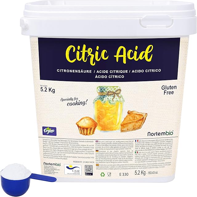 Nortembio Organic Anhydrous Citric Acid 5.2 Kg. Food Grade, 100% Pure. Acidulant and Preservative for Cooking and Confectionery. Special for Lemonade and Jams. Recipes E-Book Included.