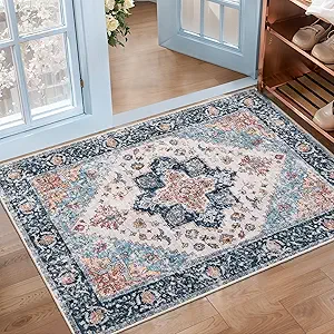 SERISSA Boho Rugs for Entryway, 2x3 Entryway Rug Non-Slip Washable Small Area Rug, Ultra Soft Oriental Vintage Low-Pile Indoor Door Mat Blue Orange Floor Carpet for Entrance Bedroom Kitchen Bathroom