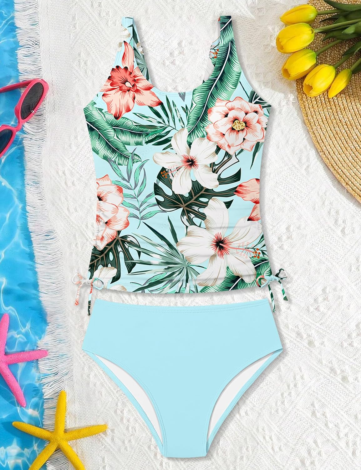 Qaoerde Girls Swimsuit Two Piece Girls Tankini Swimsuit Drawstring Printed Bathing Suit Ruched Swimwear Set 9-16 Years - Image 6