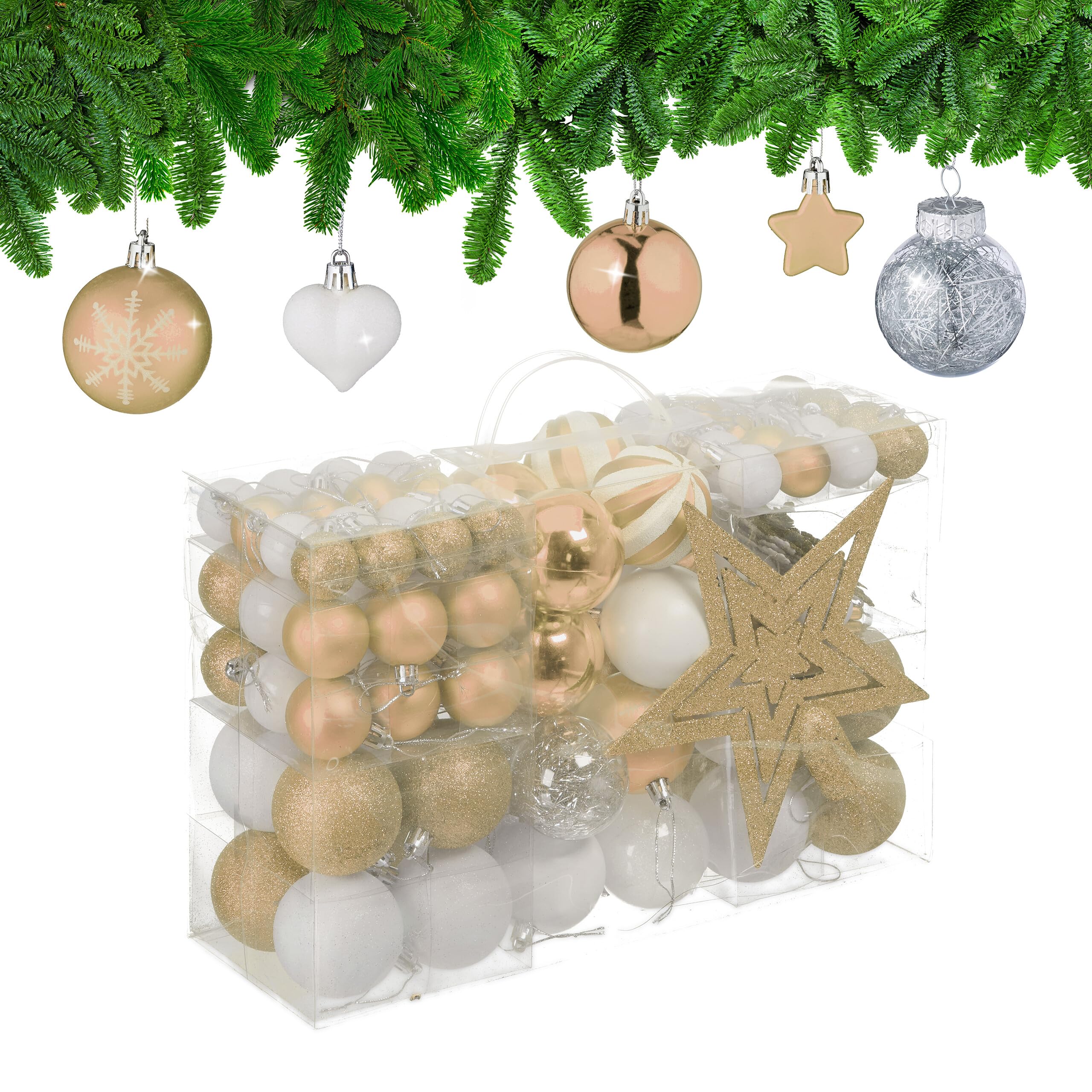 Relaxdays Set 101 Bolas Árbol Navidad, Plástico, Adornos Navideños con Bolitas y Estrella, Decoración, Champán/​Blanco