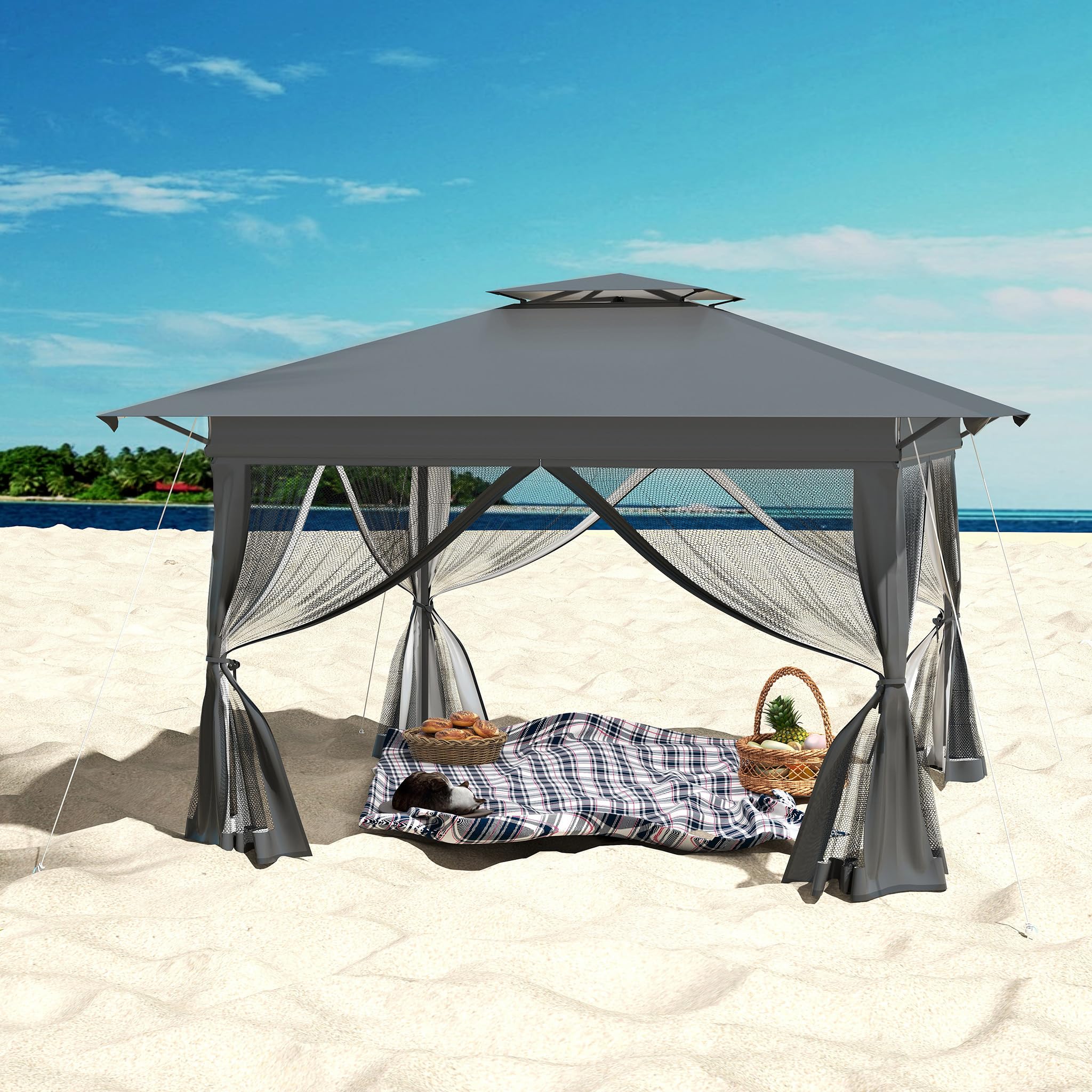 FIVMEN Gazebo pop-up 4 x 4, stabile, resistente all'inverno, pieghevole, regolabile in altezza, con doppio tetto e 4 zanzariere laterali, gazebo da giardino con borsa per il trasporto, antracite