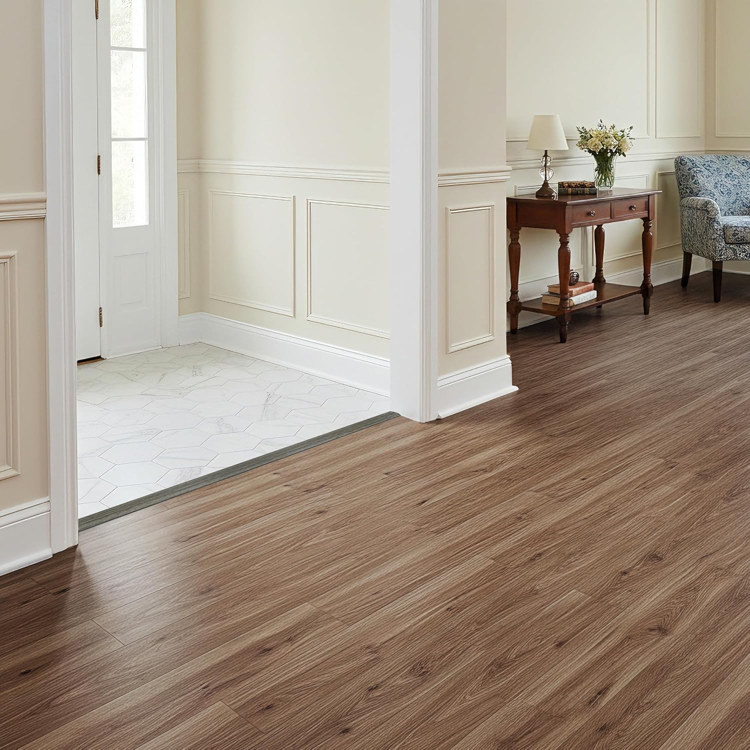 54 Sq.Ft Peel and Stick Floor Tile (Ash Grey) Bundle with 3.3Ft Single-Door Transition Strip, Waterproof Vinyl Planks & Pre-Cut Bathroom/Kitchen Threshold Trim, Modern DIY Flooring Kit