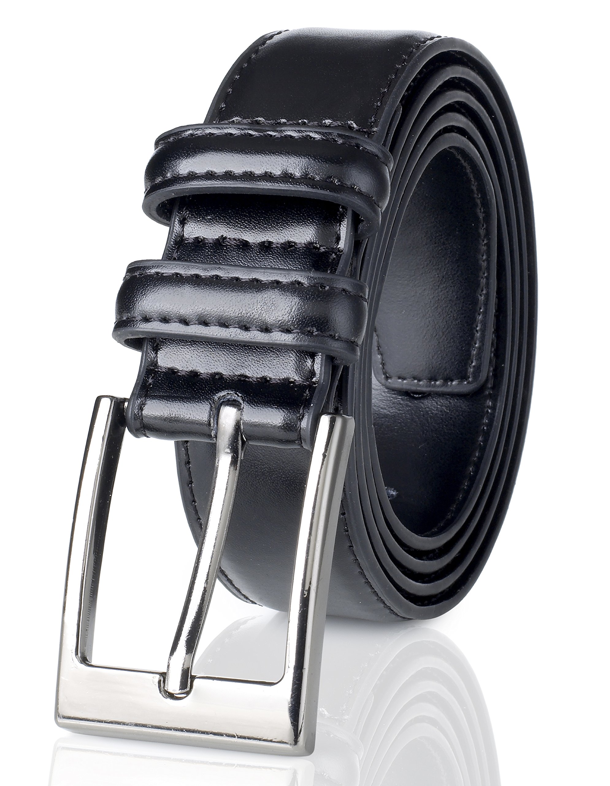 Sportoli Men's Classic Stitched Genuine Leather Uniform Dress Buckle Belt - Black - Size 54 (Waist 52)