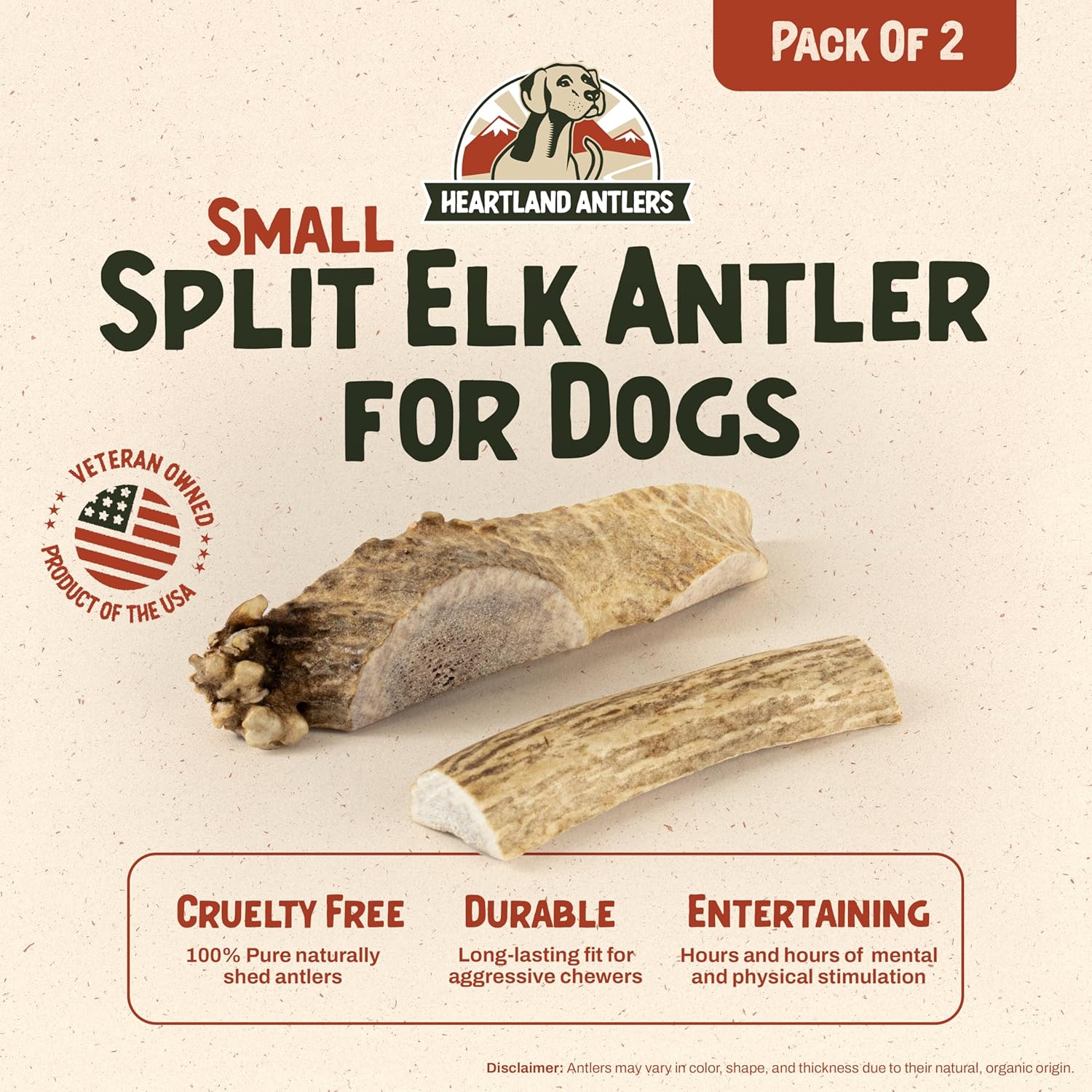 Heartland Whole Elk Antlers for Dogs (4–5”, 2-Pack) – Long-Lasting, Odorless Dental Chews for Small Breed Aggressive Chewers – USA Sourced, Natural Antler Bones to Reduce Tartar & Curb Boredom