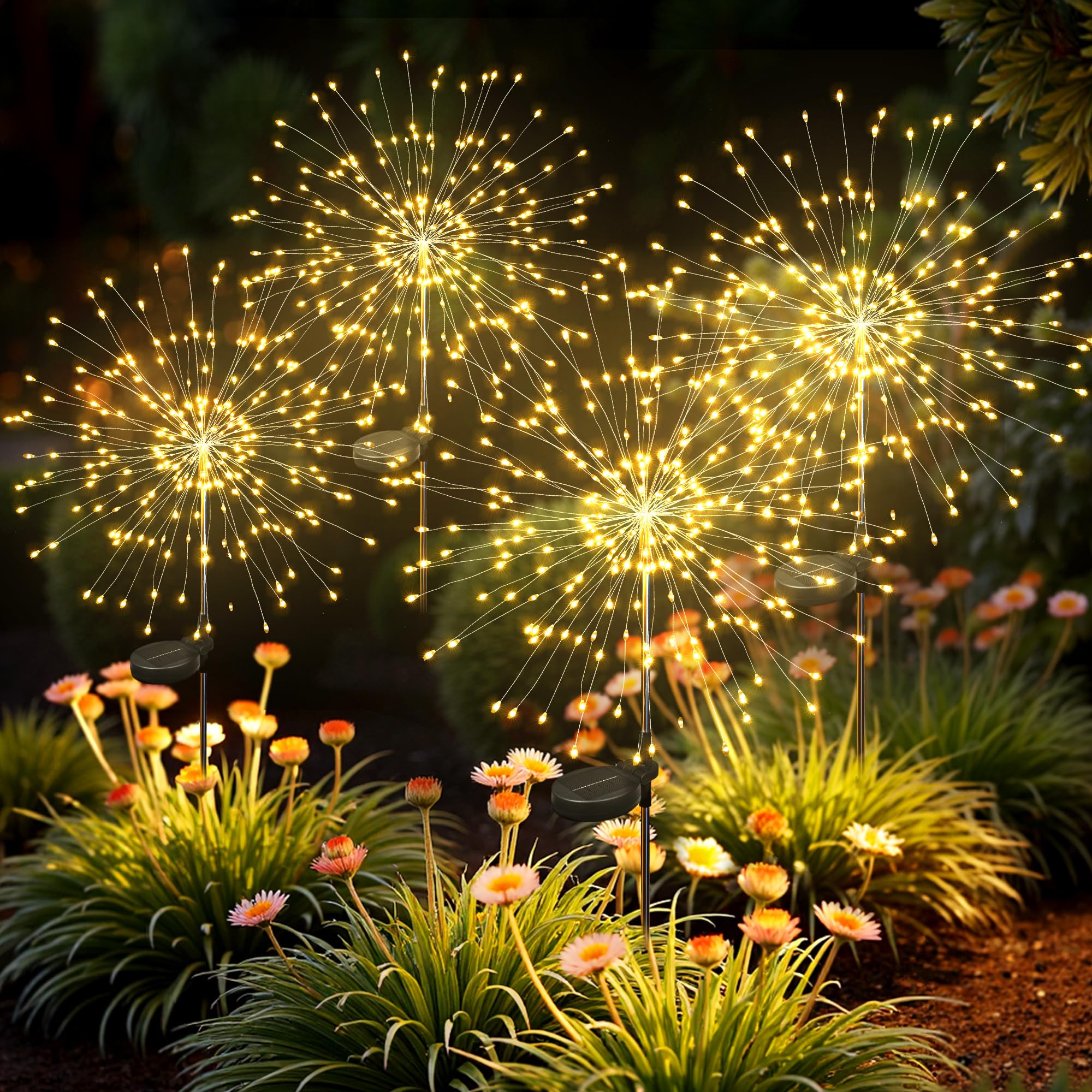 Solarleuchten für den Außenbereich, 120 LEDs, 4 Stück, Lichterkette für den Außenbereich, Feuerwerk, solarbetrieben, für Hof, Terrasse, Weg, Gehweg, Balkon, Warmweiß