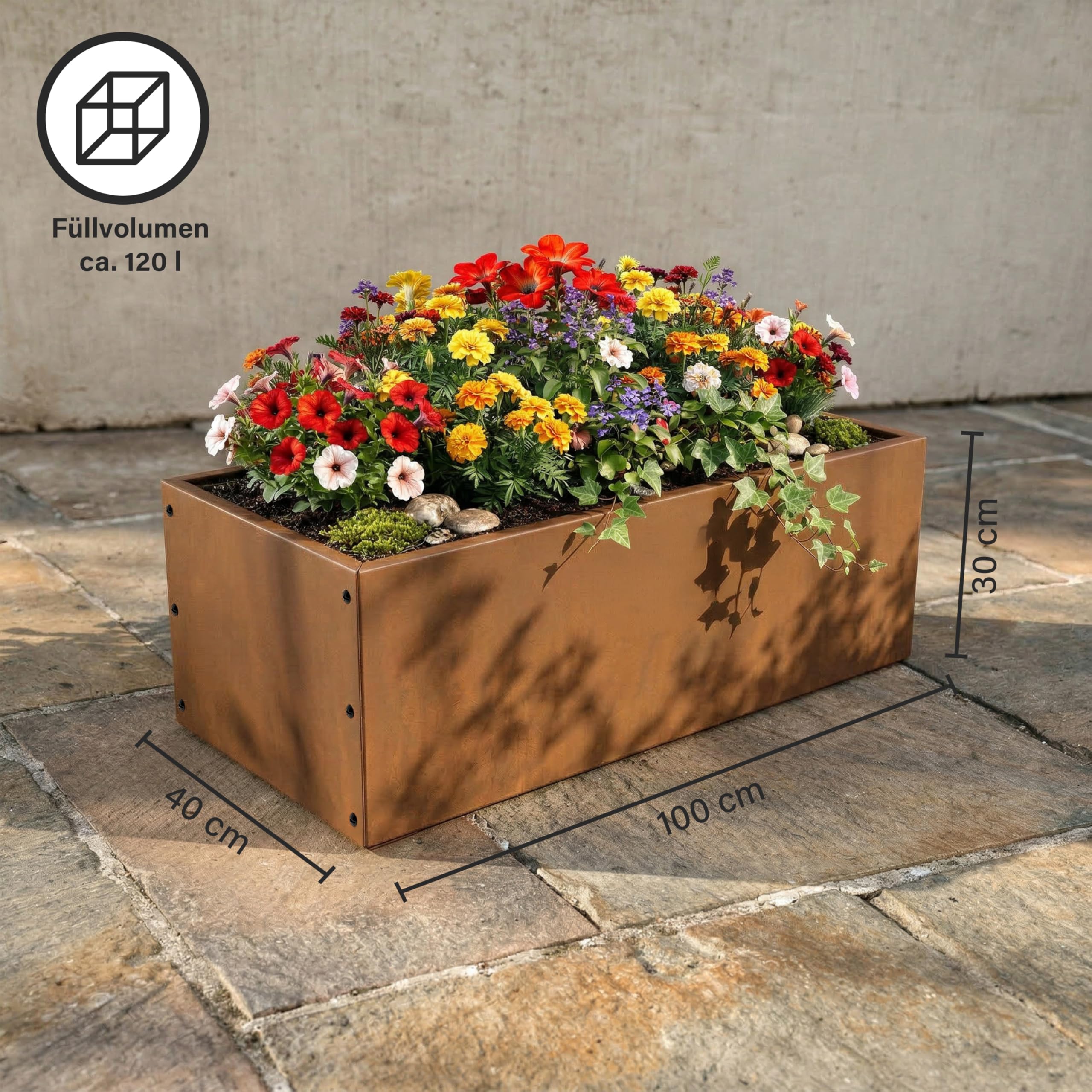 novaterra® Premium Cortenstahl Hochbeet - B 100 cm x T 40 cm x H 30 cm - extrem langlebig & witterungsbeständig - Moderne Gartenbegrünung für Gemüse, Kräuter & Blumen