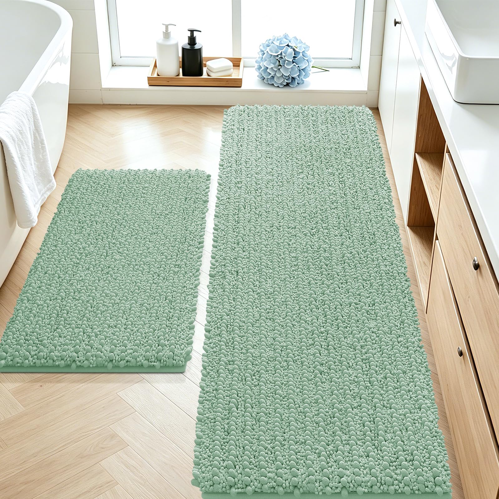 ACCUMTEK Upgrade Luxury 2 Piece Sage Green Toilet Bathroom Rug Mat 60"x20"+32"x20", Ultra Soft Thick Absorbent Bath Mats, Non Slip Chenille Toilet Mat for Bathroom, Bedroom, Kitchen, Shower, Tub