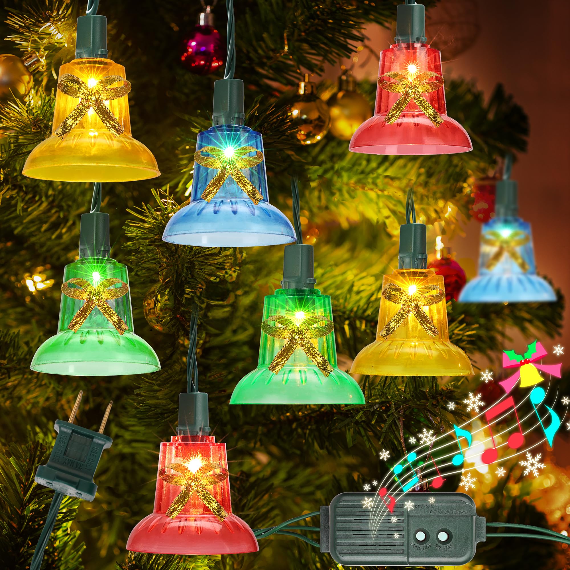 BrizledMulticolor Bell String Lights, 7 Modes Musical Christmas Lights, 30 Count Incandescent Christmas Decorative Lights, Xmas Tree Light with built-in 25 Classical Holiday Songs for Christmas Decor