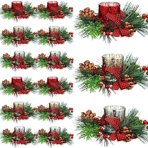 Ceenna Juego de 24 portavelas de Navidad con anillos de vela de Navidad, 12 portavelas votivas de vidrio, 12 anillos de velas, coronas, adorno de