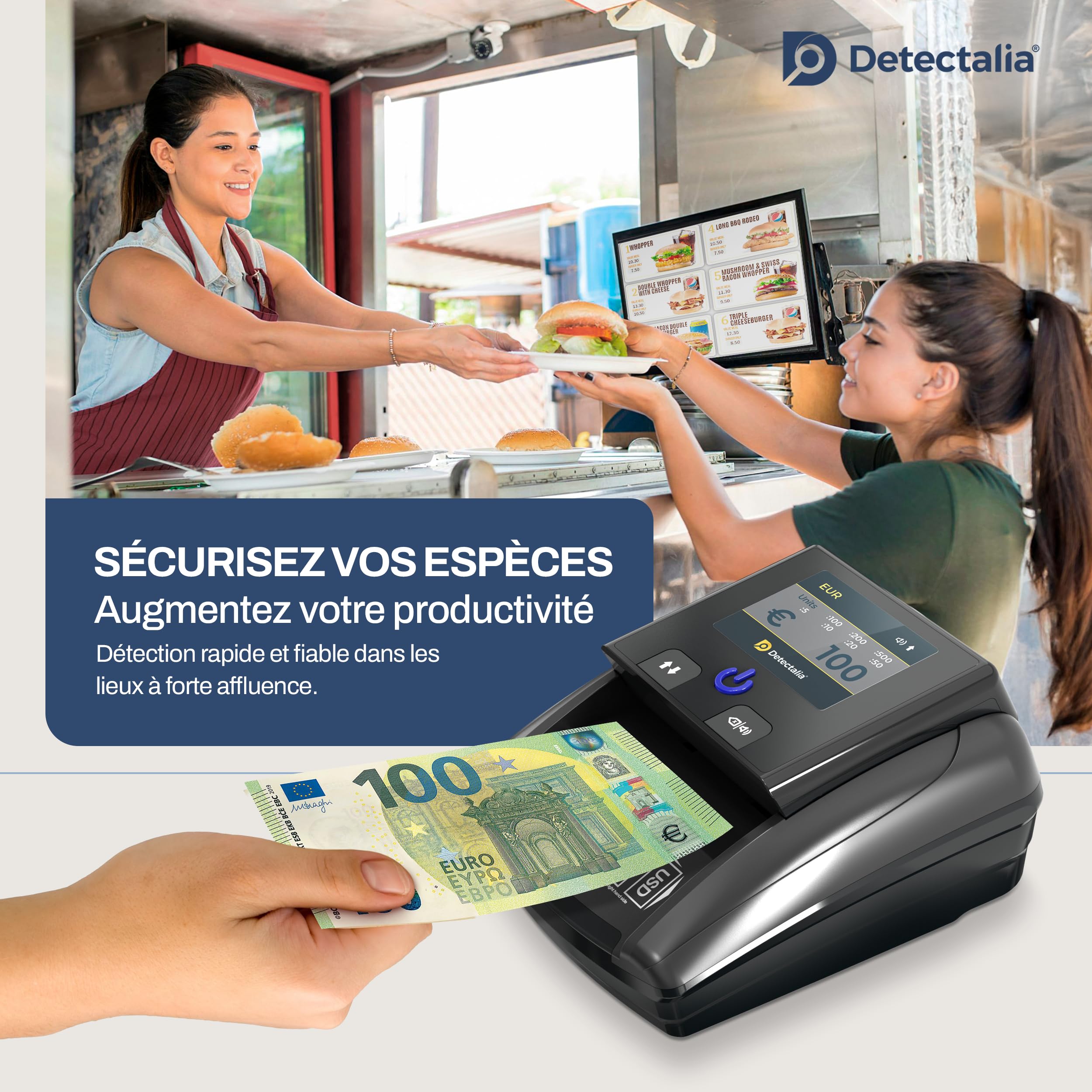 Detectalia D7T+ Détecteur de Faux Billets avec détection 100% et 5 systèmes de détection pour 3 devises EUR, GBP, USD et écran TFT