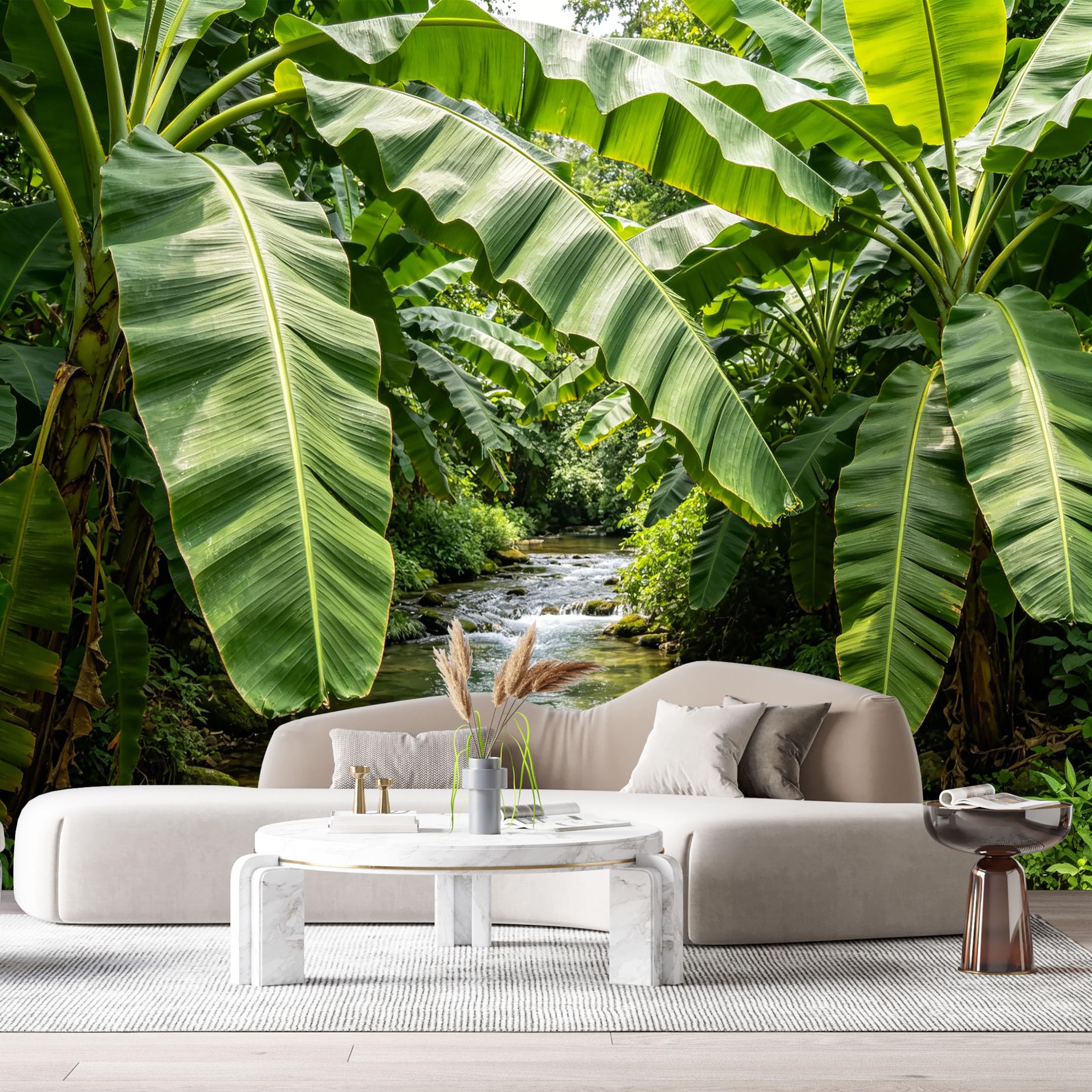Custom Size Wall Murals Tropical Jungle Botanical Banana Leaf Stream Water River SelfAdhesive Wall Fabric Removable Large Wallpaper for Photo Living Room Interior Decor