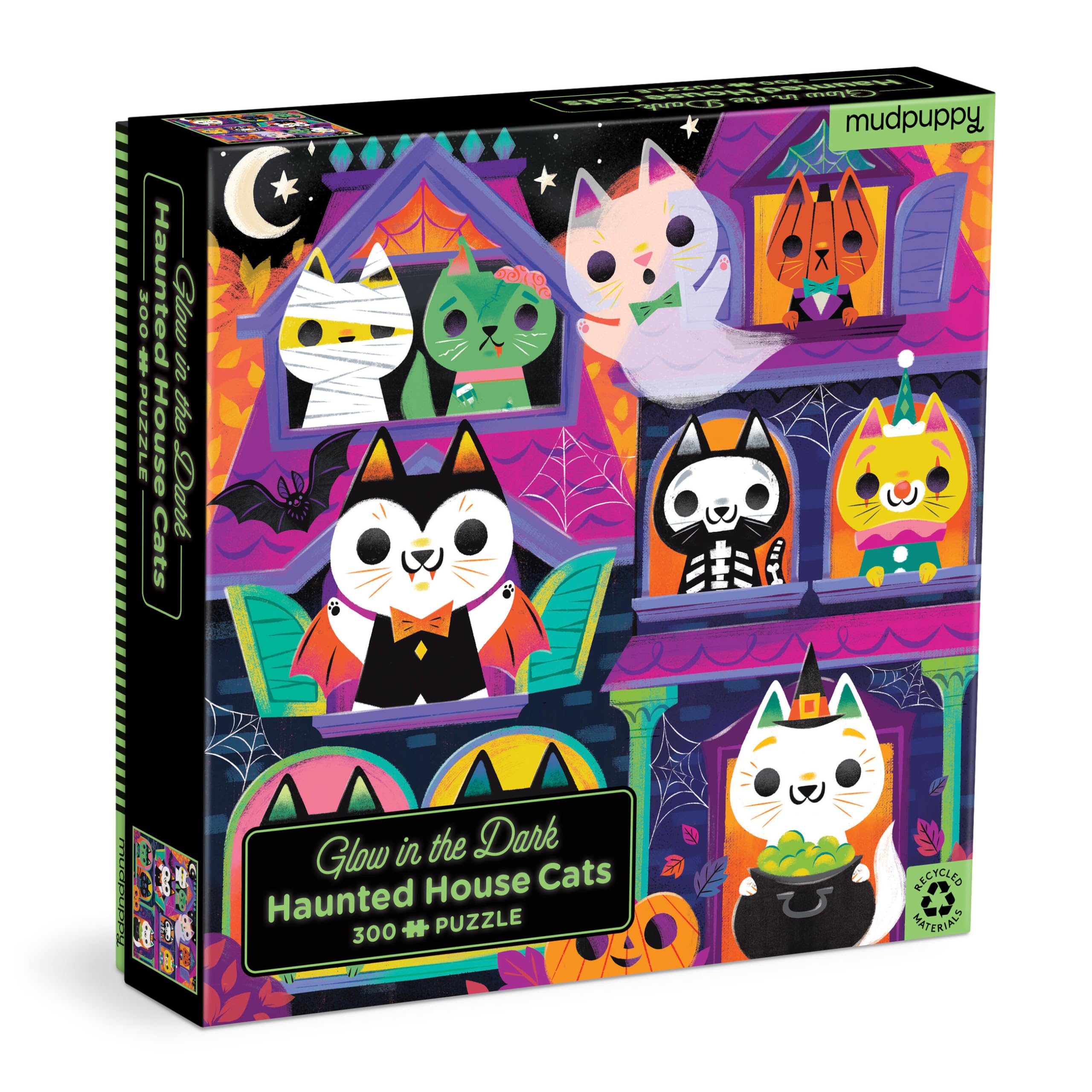 Haunted House Cats Glow in the Dark Puzzle – 300 Piece Puzzle Featuring Spooky Cats on Halloween