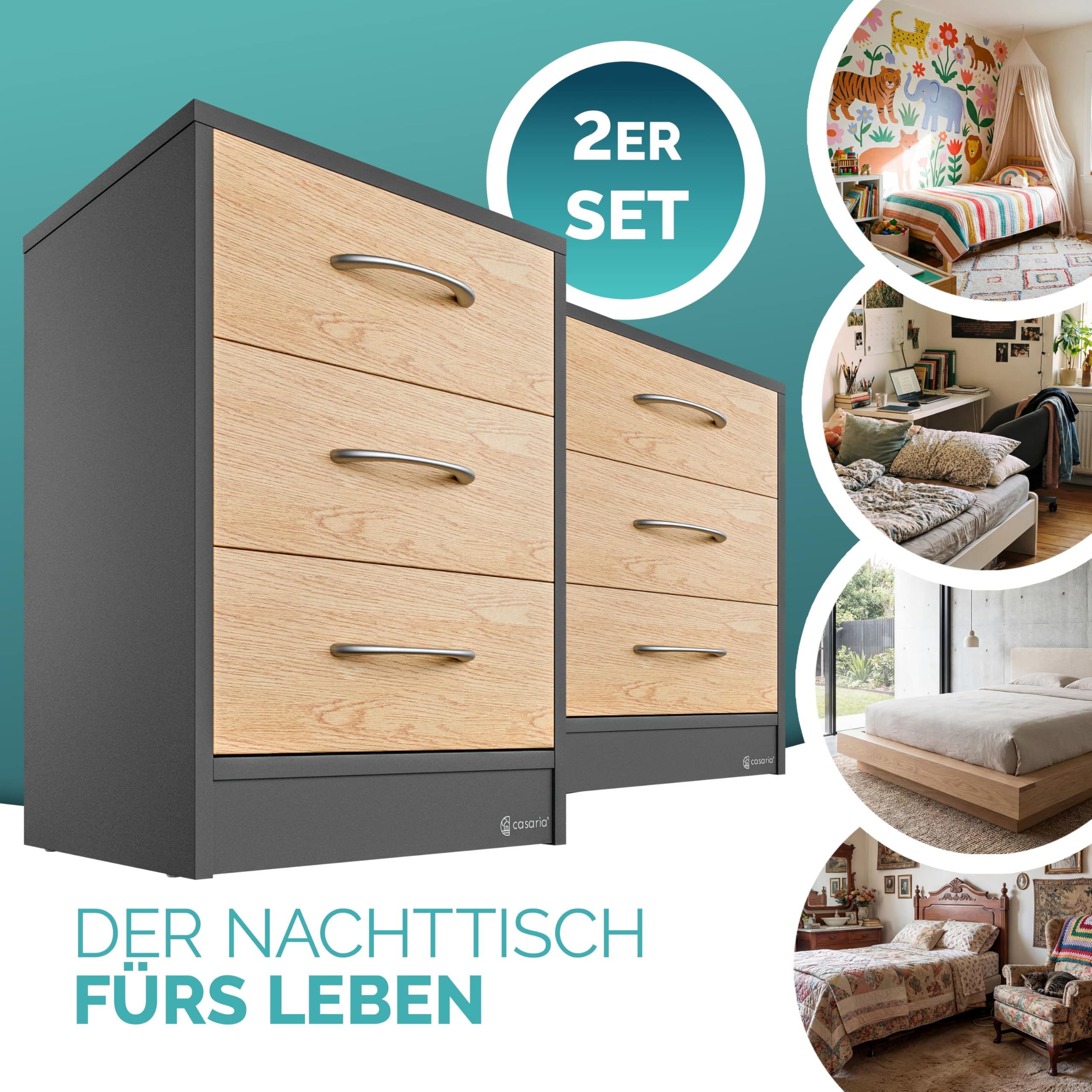 Casaria® Comodino Set da 2 54x39x28cm in Legno 3 Cassetti Camera Letto Tavolino da Notte Comodini Antracite
