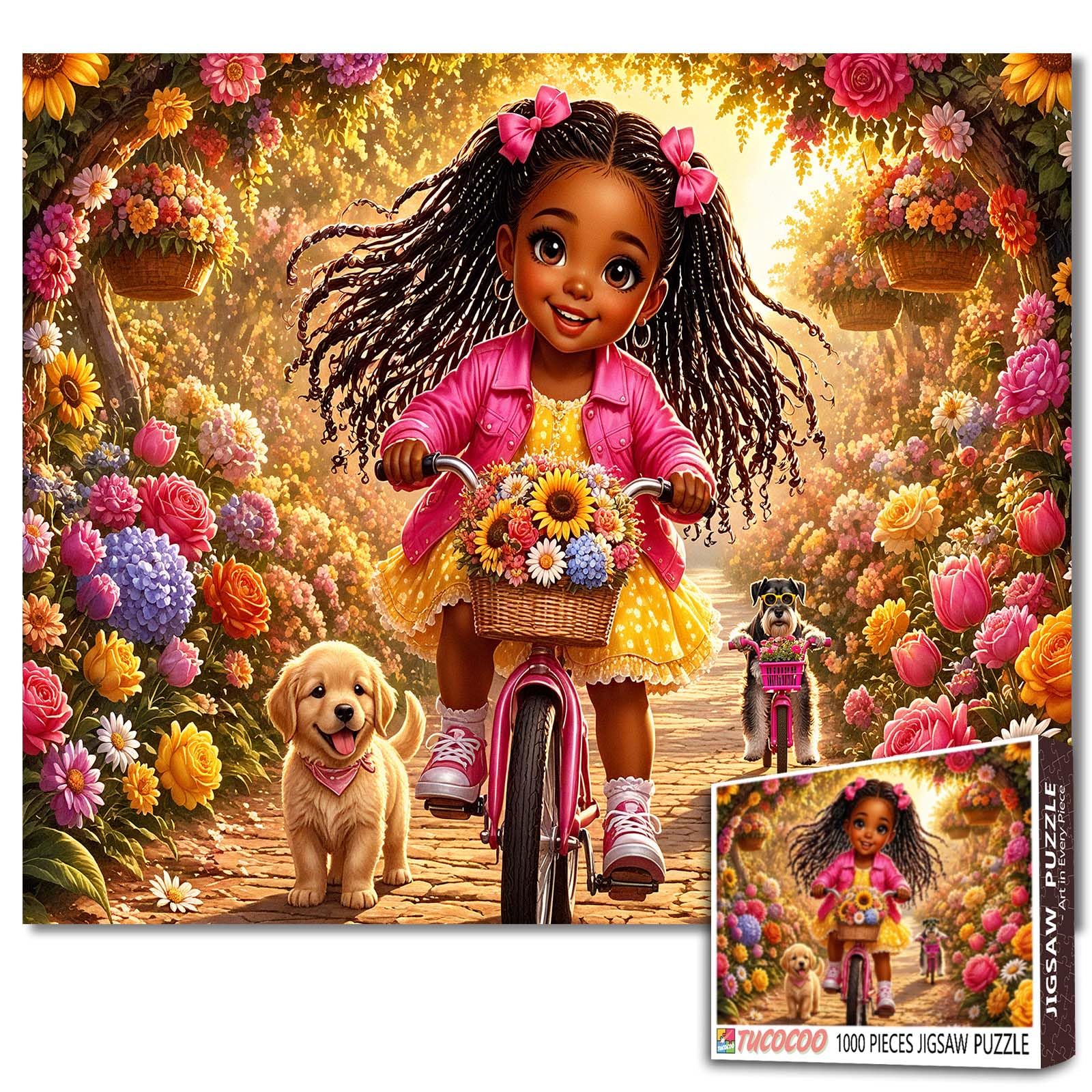 Adorable Black Girl Puzzles 1000 Piece, Cute Girl Bicycle Art Puzzle for Adults Floral Garden Puppy Artwork Colorful DIY Crafts Relaxing Jigsaw Puzzles for Home Decoration Gifts, Family Game Nights