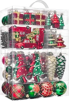 Valery Madelyn Christmas Tree Ornaments Set, 155ct Red Green and Gold Shatterproof Christmas Tree Decorations Bulk, Traditional Country Hanging Ball Ornaments for Xmas Trees Holiday Decor