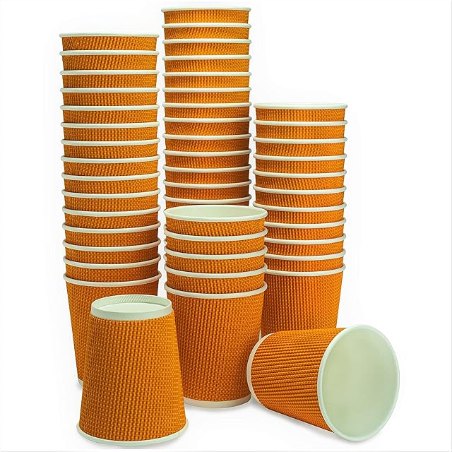 50 x 8oz Disposable Paper Cups No Lids, Ripple Wall Paper Cups for Hot Coffee, Tea & Cold Drinks, Heavy Duty Leak Resistant Triple Wall, Eco-Friendly & Recyclable