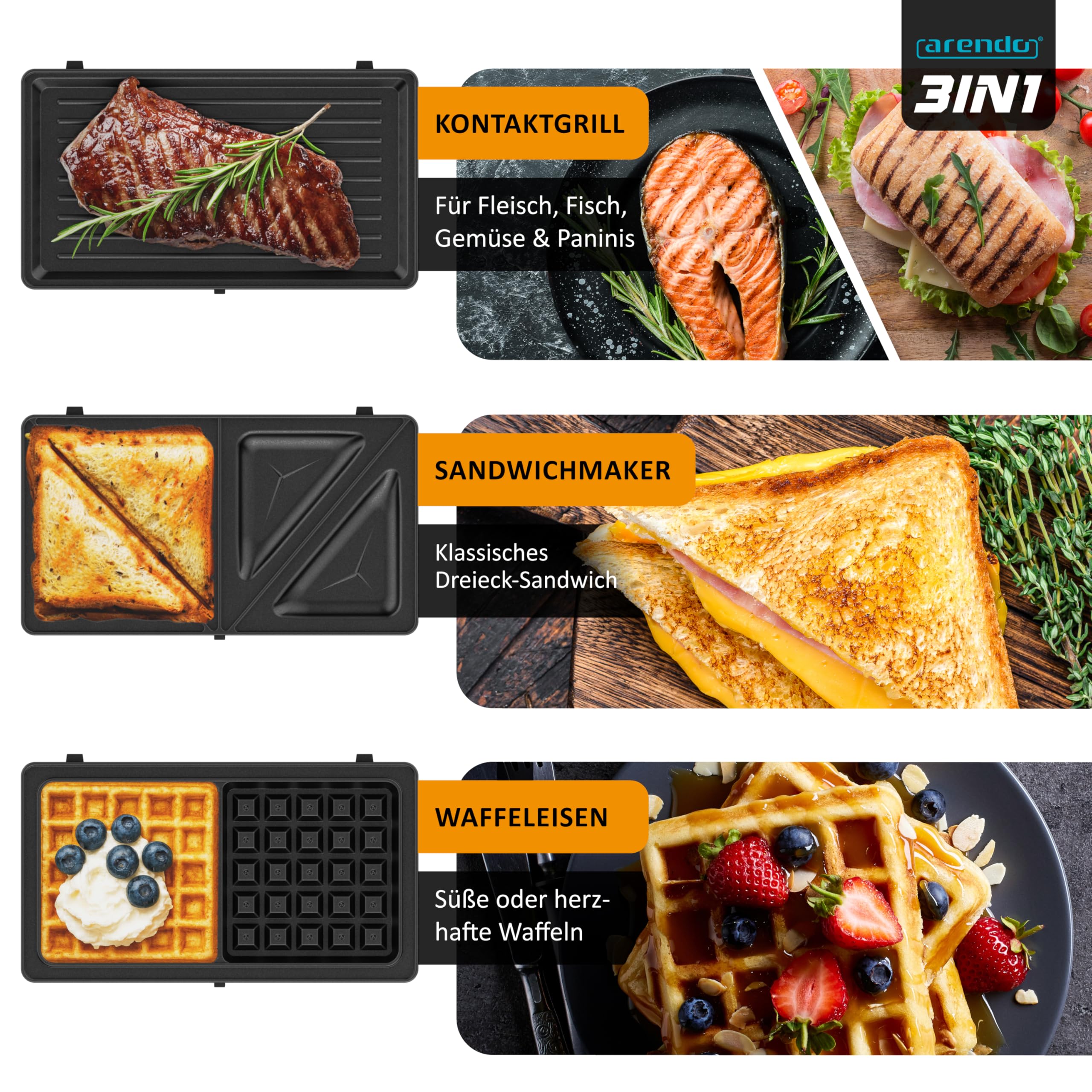 Arendo - Waffeleisen Belgische Waffel doppelt - 3in1 Sandwichmaker Kontaktgrill mit abnehmbaren Platten - 2 Zonen - mit Antihaftbeschichtung - BPA frei - Temperaturkontrolle – Sandwichtoaster