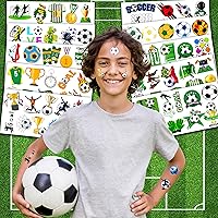 Vista 3 de 96 tatuajes temporales de fútbol para niños, calcomanías de fiesta deportiva con pelotas de fútbol y jugadores, divertidos recuerdos de fiesta