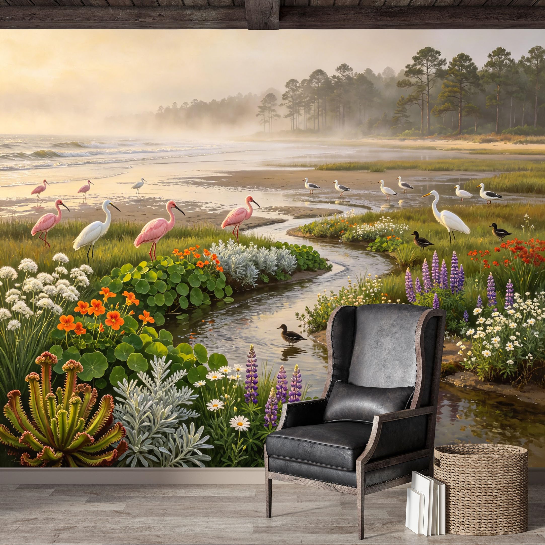 Custom Size Wall Mural,Coastal Marshland Waterfowl Seascape Landscape Premium Water Activated SelfAdhesive Wallpaper,Removable Wall Covering,Easy DIY Install Wall Art for Indoor Home Decor