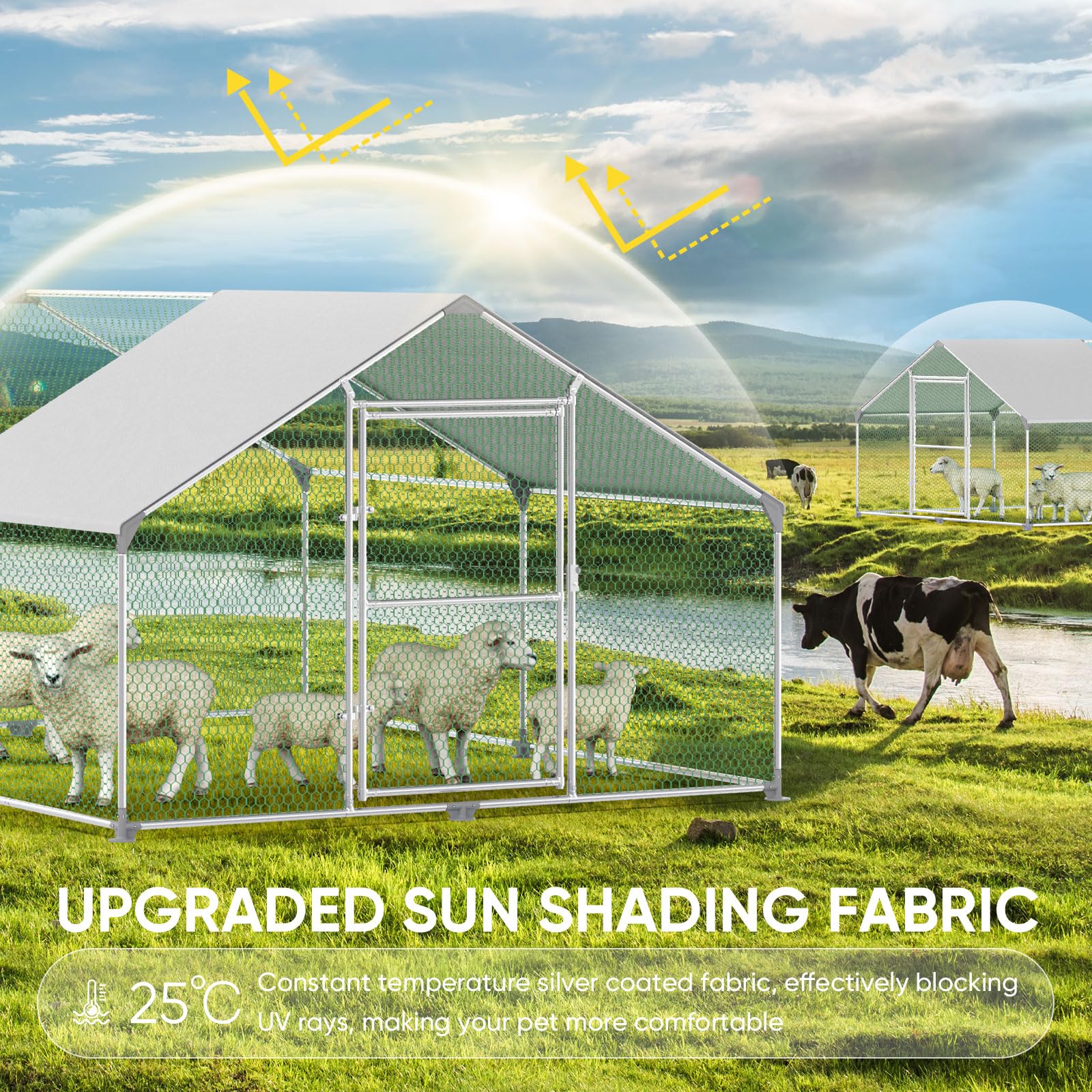Gallinero para Exterior, Gallineros Grandes de Metal Galvanizado, Jaula para Gallinas con Candado, Gallinero Exterior con Techo de Polietileo pano ra Protección Solar, 8x3x2m
