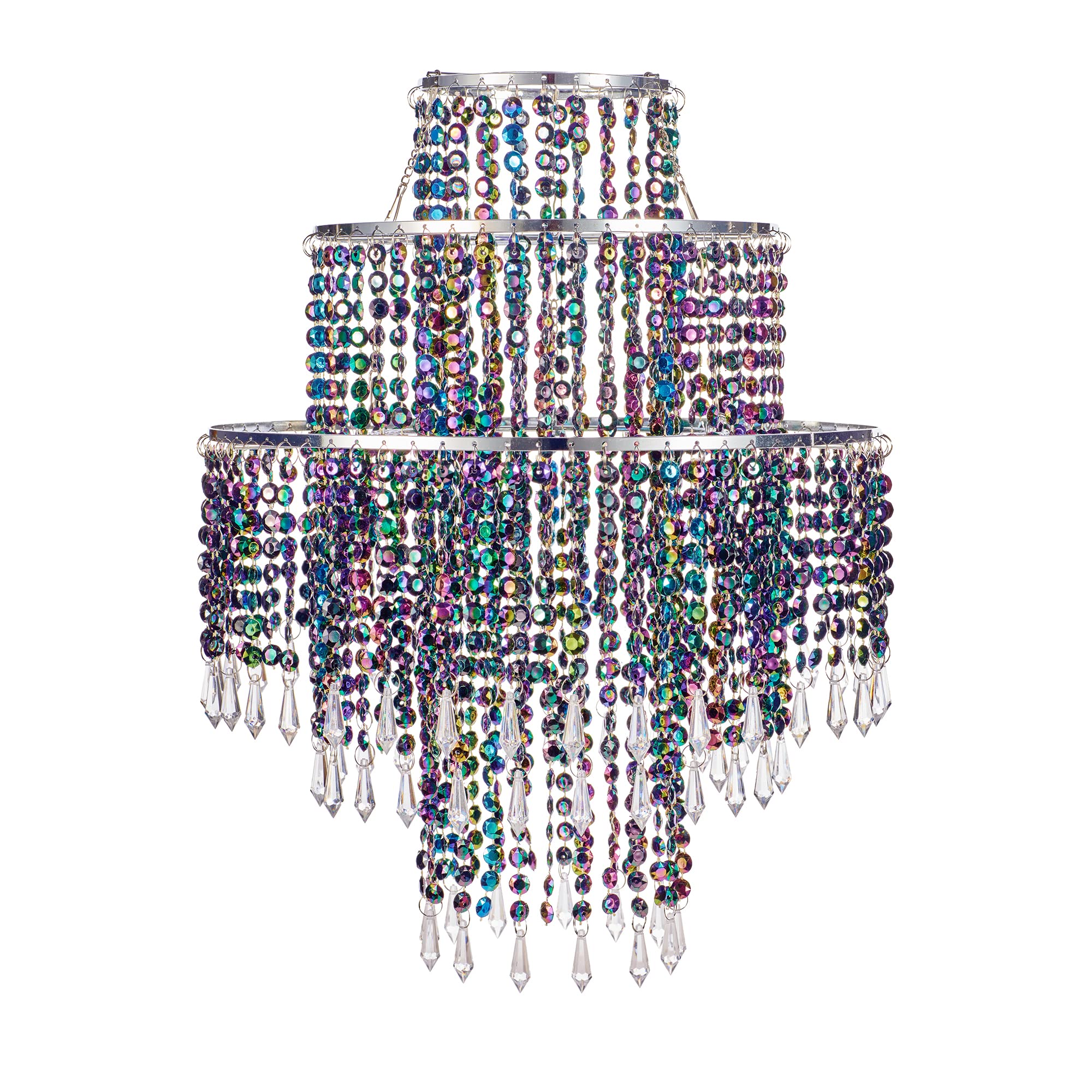 Waneway Acrylic Chandelier Shade, Ceiling Light Shade Beaded Pendant Lampshade with Crystal Beads and Chrome Frame for Bedroom, Wedding or Party Decoration, Diameter 12.6 inches, 3 Tiers, Multicolor