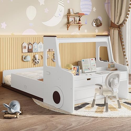 Miniatura 18 de Bonita cama de carruaje de princesa tamaño individual con corona y escalera, plataforma de madera maciza con 2 puertas, cabecera y estribo, listones