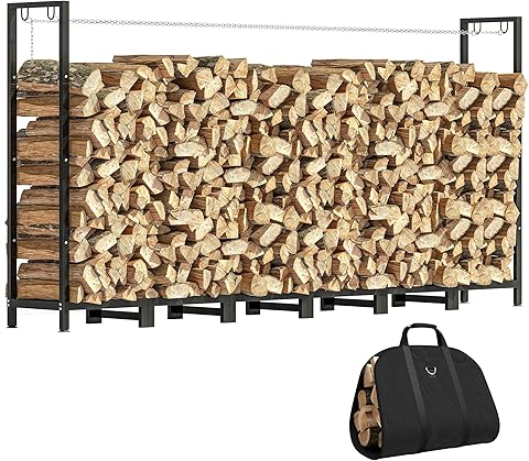 Outsunny Leñera de exterior de acero, leñera de exterior con bolsa para leña de transporte, estructura ajustable y cadenas de metal, porta leña elevada, 0,8 m³, 235 x 31 x 116 cm, negro