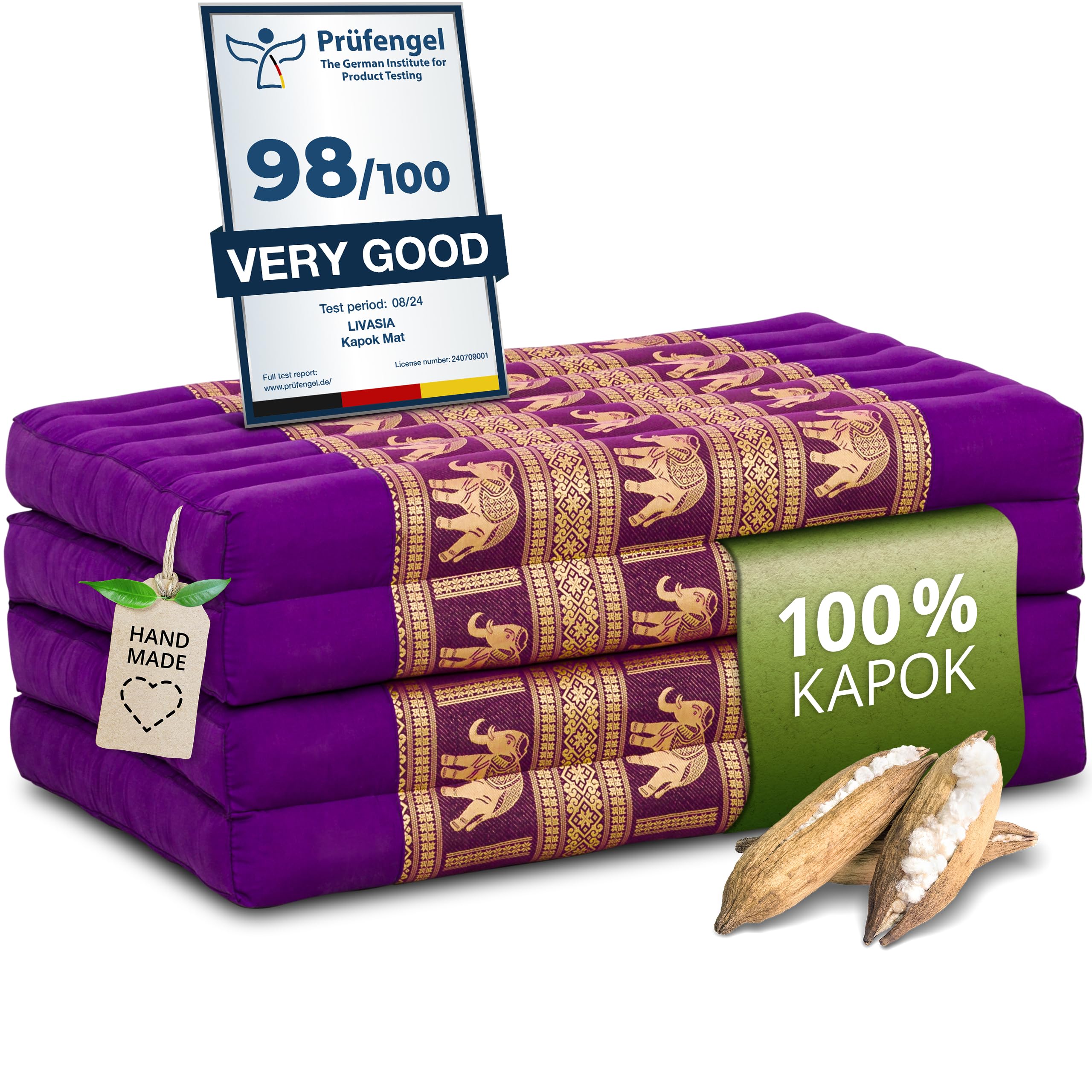 livasia Sustainable Kapok Mattress - 79x31x3.1" - Folding Guest Mattress with Thai Silk, Ecological Yoga Mat, Sun Lounger for Garden & Balcony (Purple/Elephants, Silk)