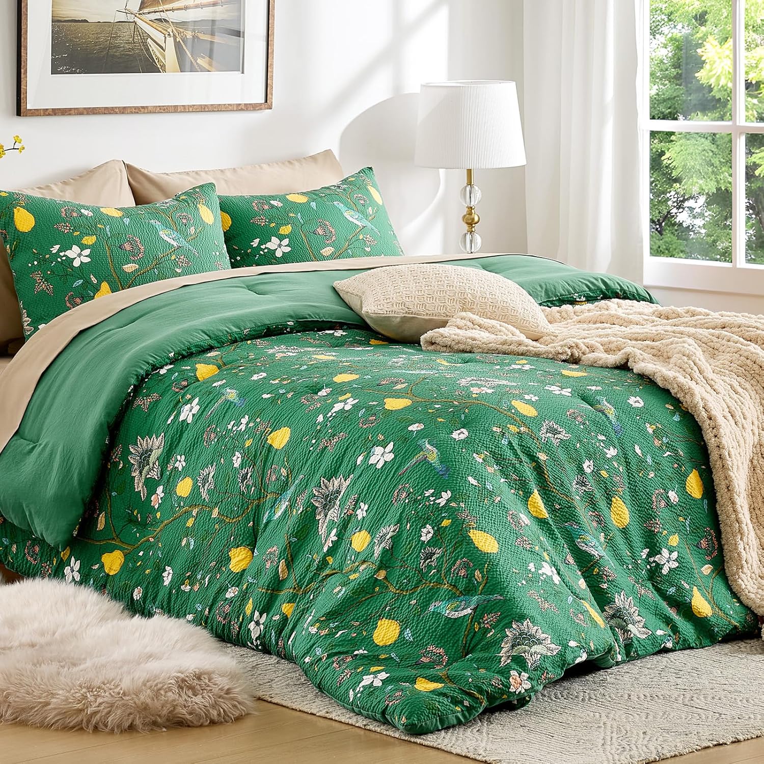 MUSSEL Queen Size Comforter Set 3 Pieces,Green Vintage Botanical Floral Pattern Bedding Comforter Sets,Boho Whimsical Modern Printed Design Cute Seersucker Bedroom Comforter and Shams - Image 9