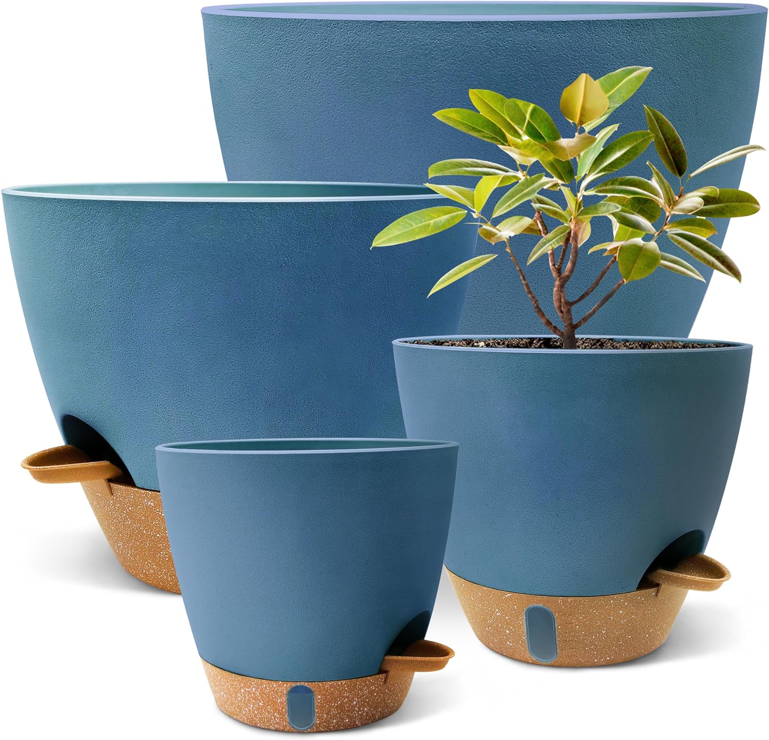 12/10/9/8 inch Self Watering Pots with Visual Water Window, Extra Large Self Watering Plant Pot with Drainage Holes and Saucers, Blue Flower Pots for Indoor Plants