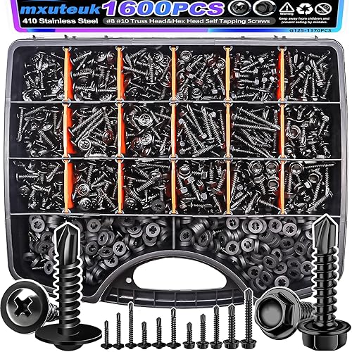 mxuteuk 1600 tornillos autorroscantes #8#10 para metal, 410 tornillos autoperforantes de acero inoxidable, cabeza de armadura y cabeza hexagonal