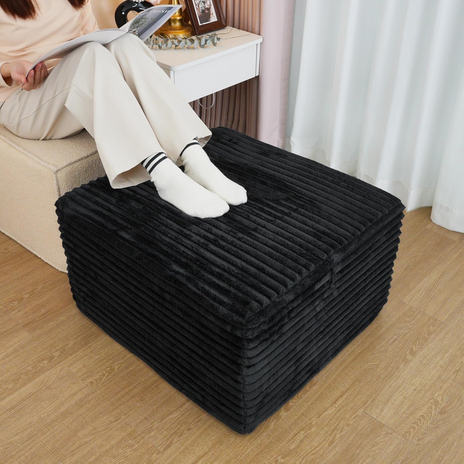 25.6" Corduroy Ottoman Foot Rest,Plush Memory Foam Couch Ottomans,Boneless Compressed Sofa in a Box for Living Room No Assembly Require,Black