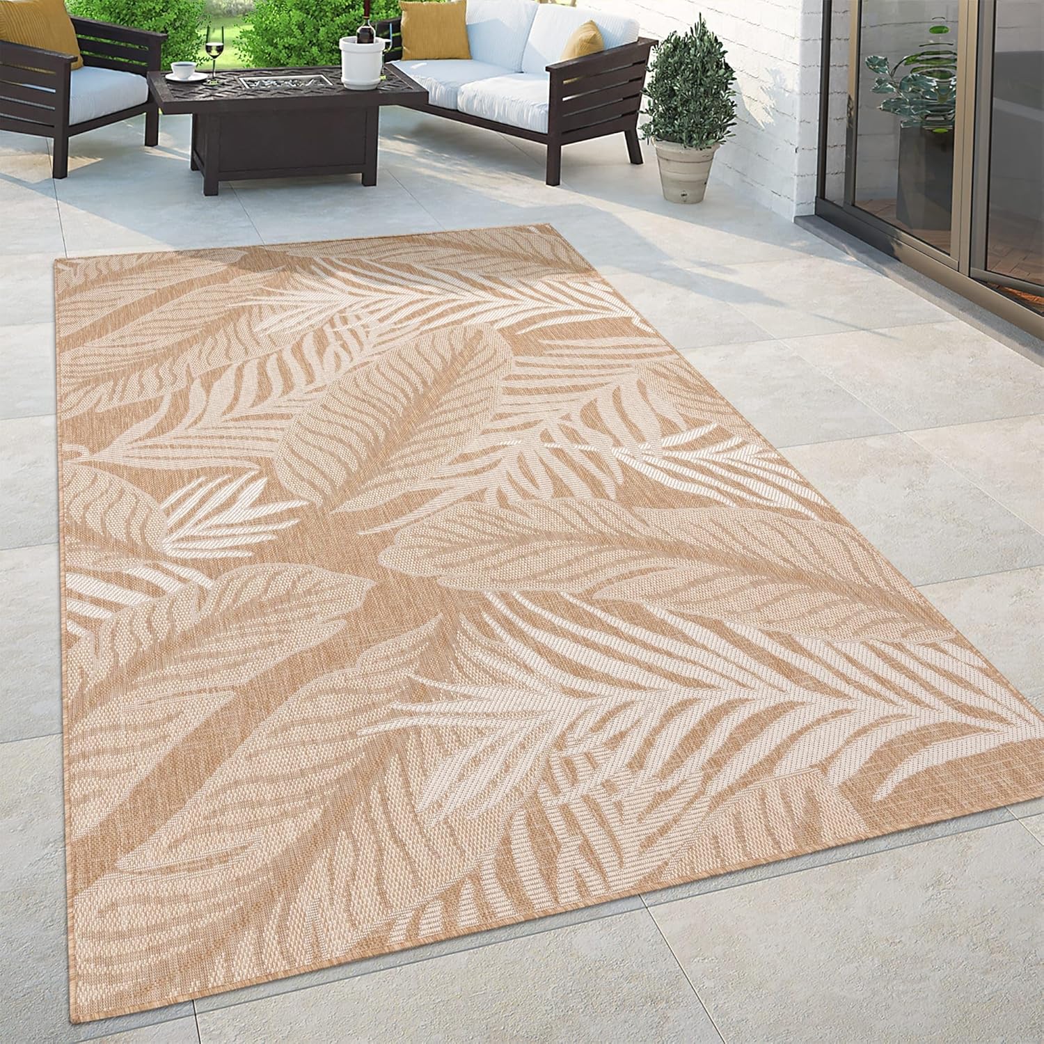 Paco Home Indoor and Outdoor Rug with Tropical Leaves in Beige Cream, Size: 6'7" x 9'2"