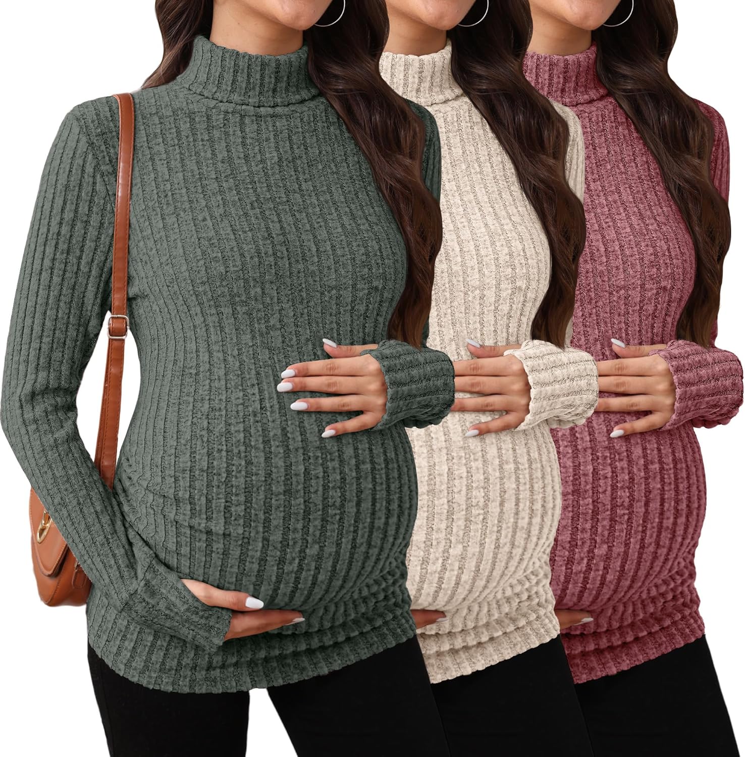 3 Pack Maternity T-Shirts Pregnancy Tops Women Sweater Long Sleeve Turtleneck Ribbed Finger Sleeve Outfits(Army Green, Apricot, Brick Red,XX-Large)