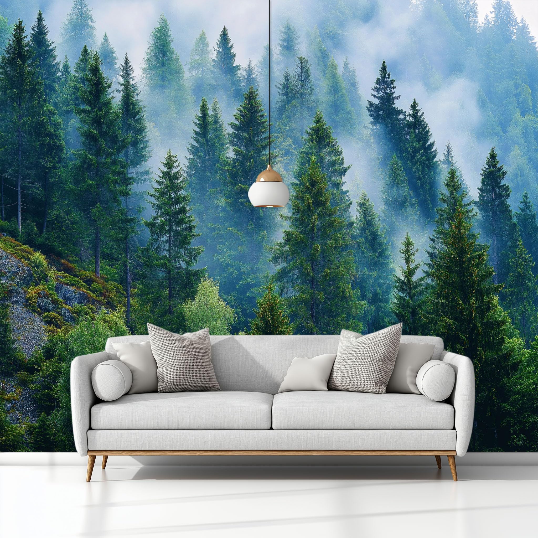 Tapeta Scandi Natura Las Mgła Poranne liście 200 x 140 cm - Fototapeta z TNT Efekt 3D, Gigantyczny plakat Dekoracja ścienna do salonu, sypialni i biura - zielony szałwiowy