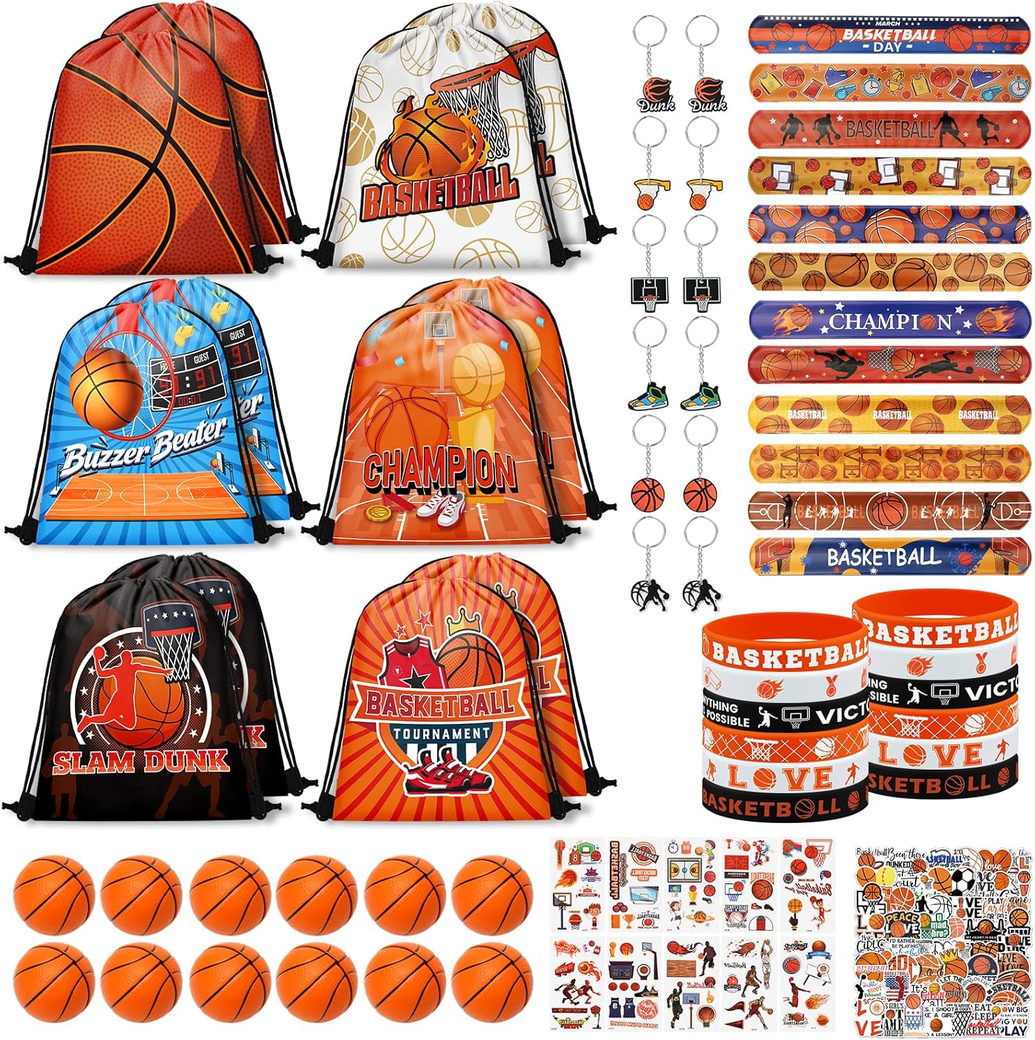120PCS Basketball Party Favors, Basketball Drawstring Goodie Bags with Mini Basketballs, Bracelets, Keychains, Stickers & Tattoos for Basketball Theme Party Supplies