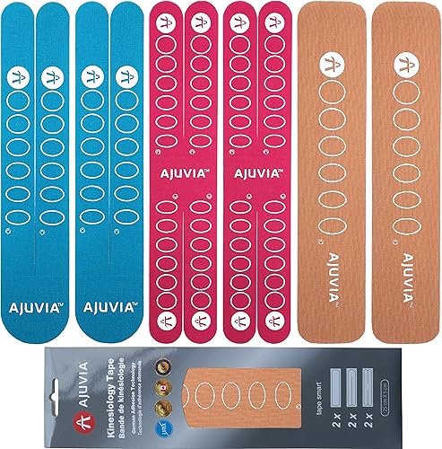 AJUVIA Cinta Kinesiológica - Dura hasta 14 días - Cinta deportiva impermeable - Cinta deportiva precortada - 10.0 x 2.1in (1 sobre, 3 colores, 6